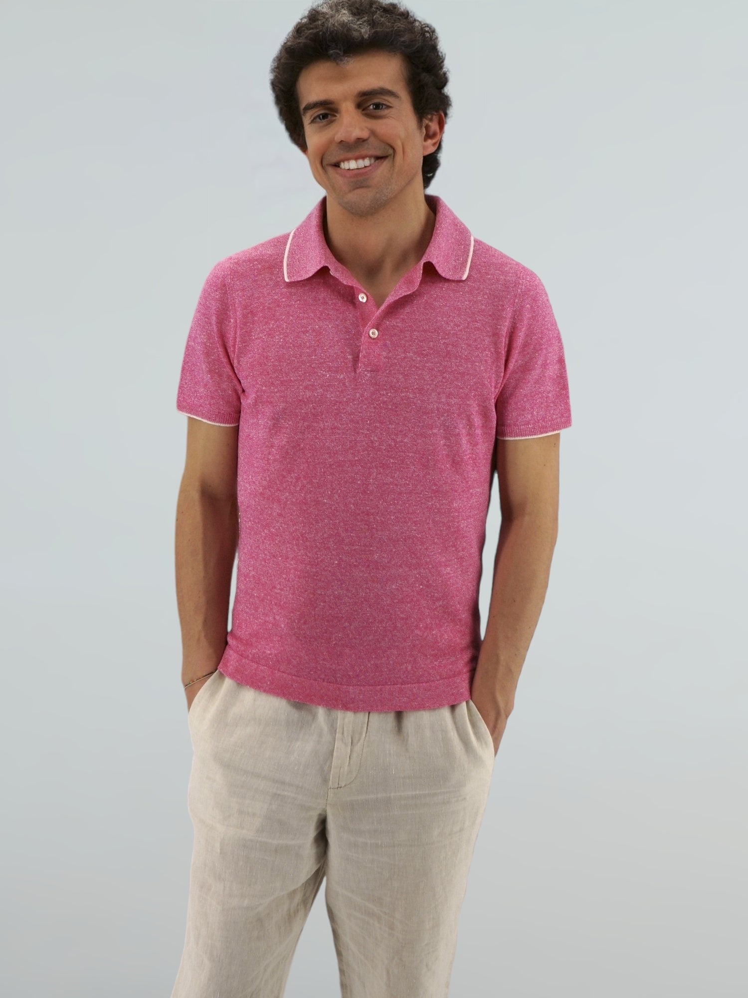 Short Sleeve Polo Shirt Pink 68% Linen 32% Cotton