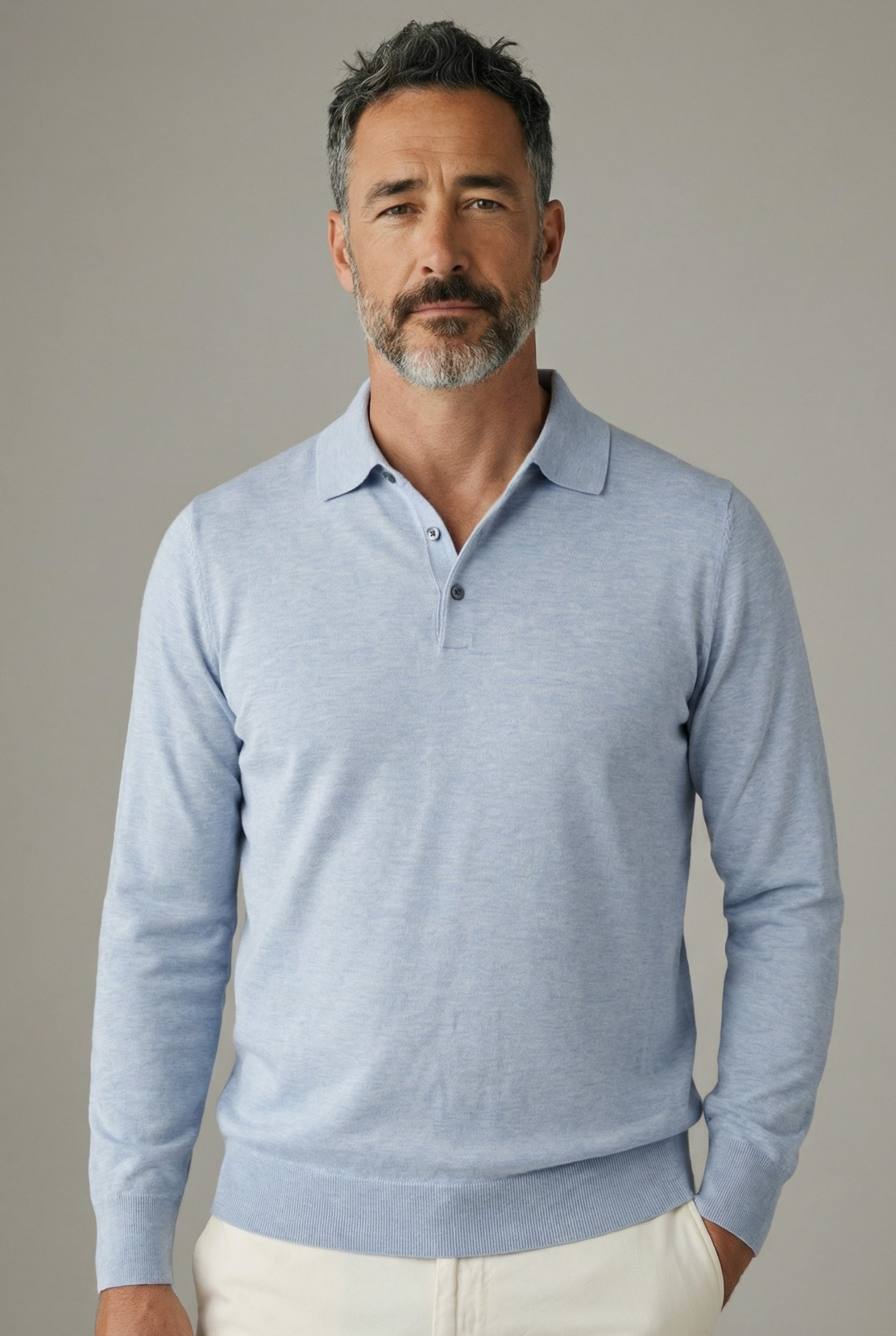 Polo in Maglia Maniche Lunghe Azzurro Cenere 100% Seta