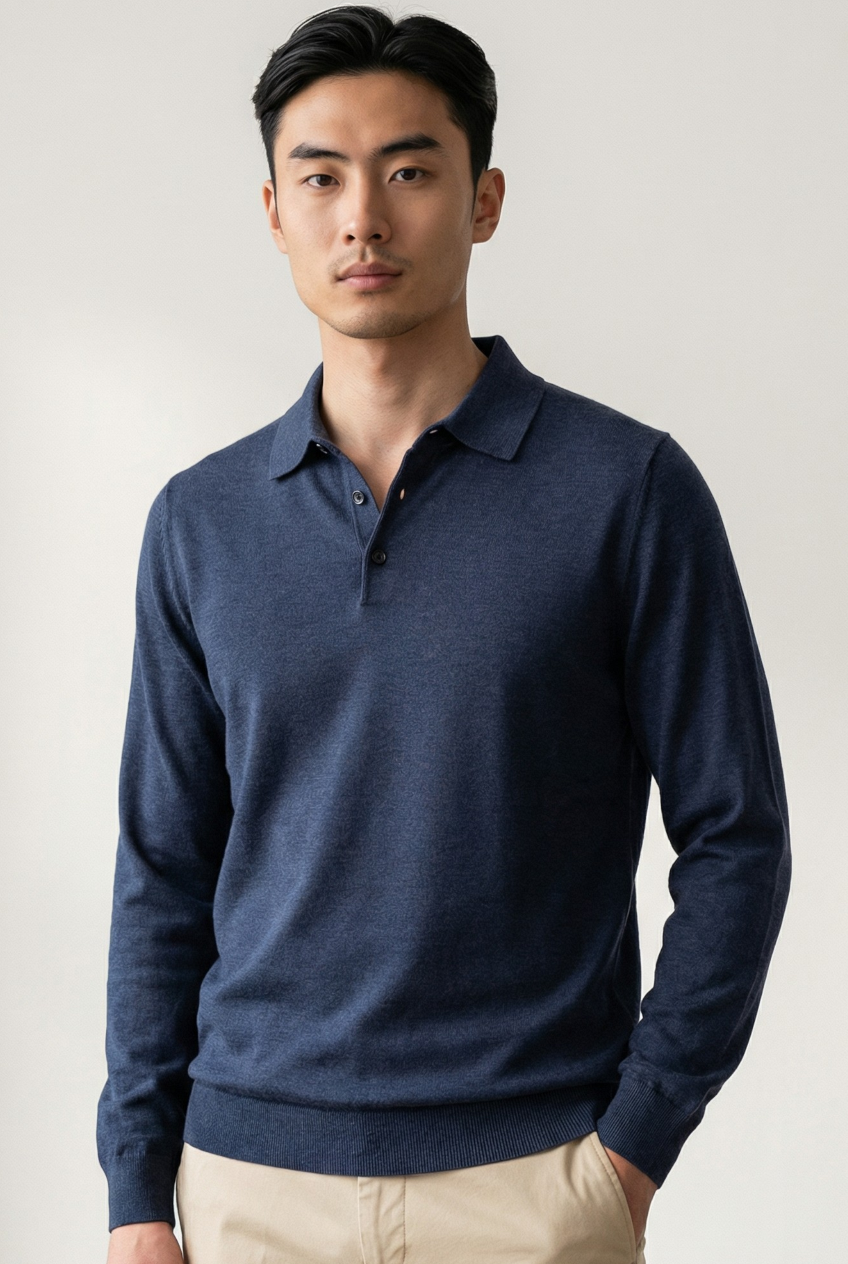 Knitted Polo Long Sleeves Denim 100% Silk