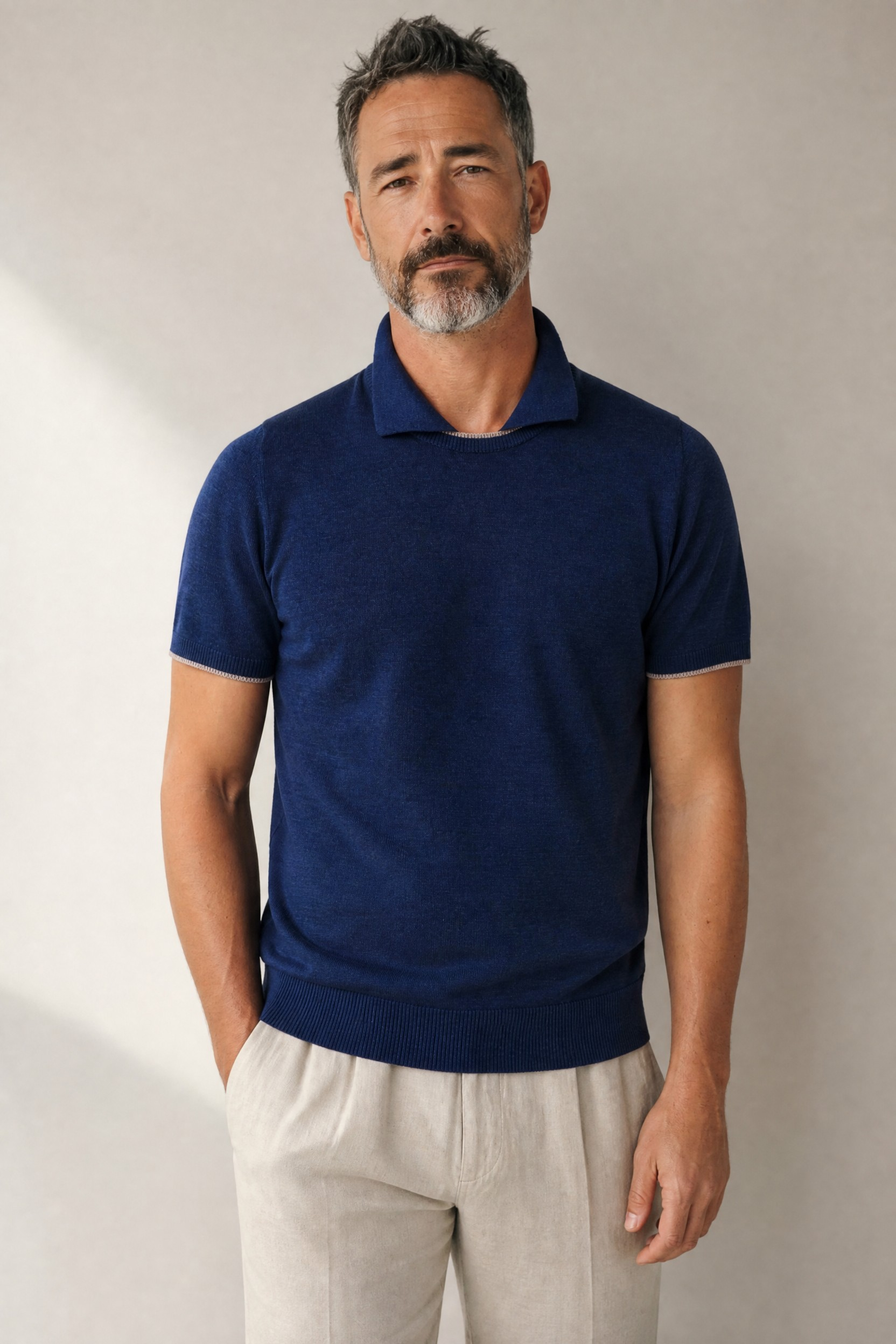 Short Sleeve Tee-Polo Blu 68% Linen 32% Cotton