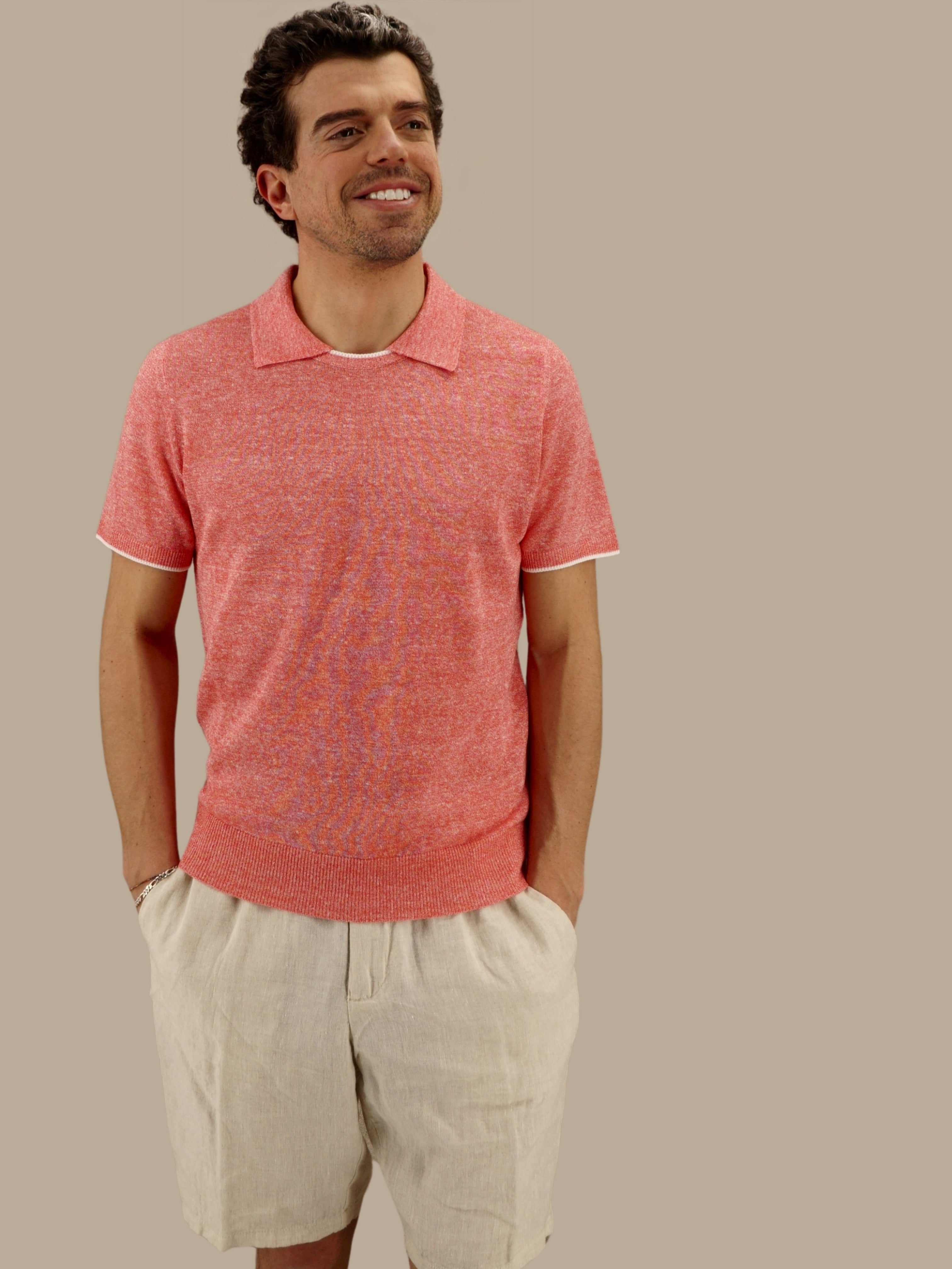Short Sleeve Tee-Polo Pink Lemonade 68% Linen 32% Cotton