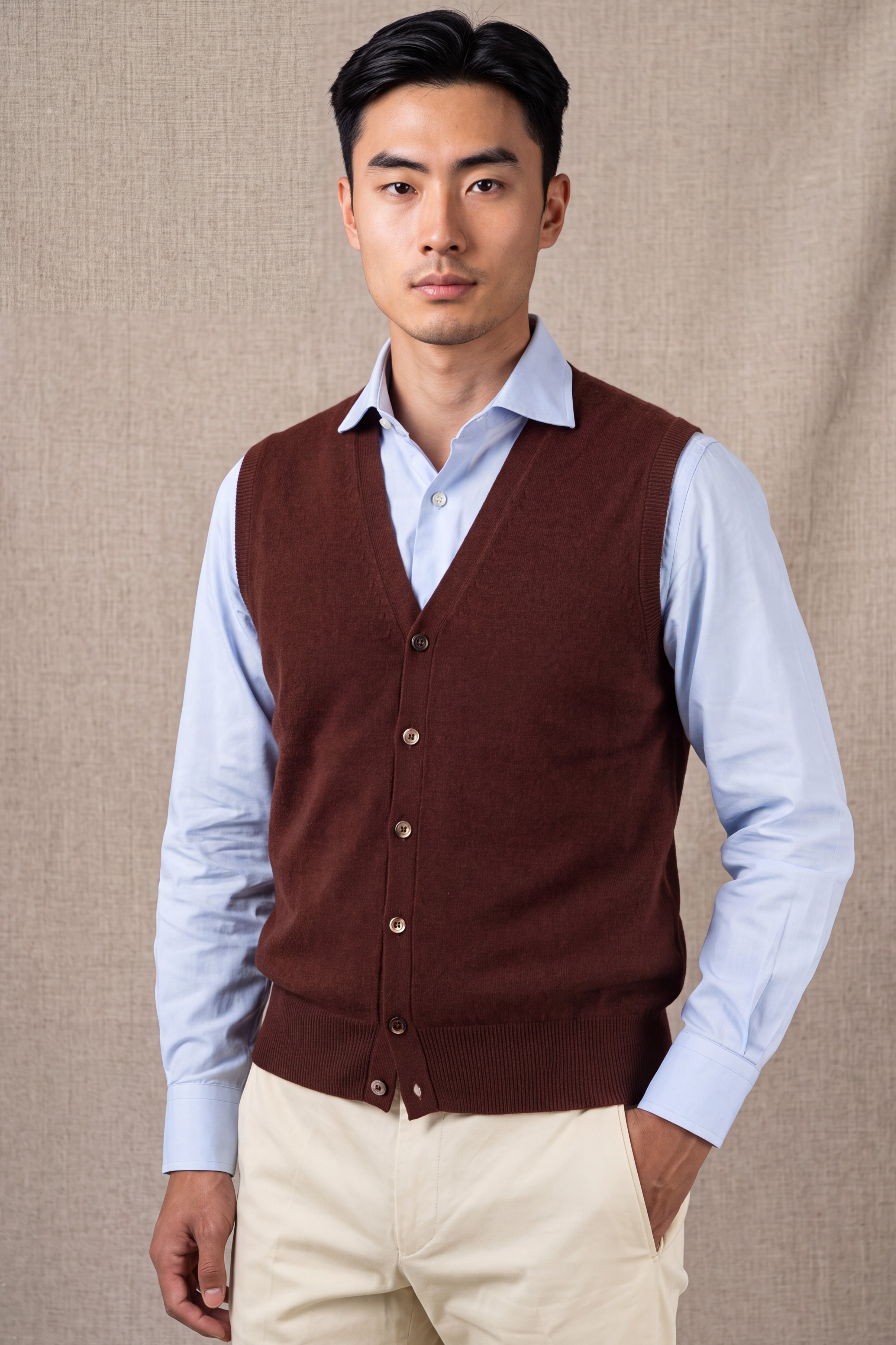 BUTTON GILET BRICK 100% CASHMERE