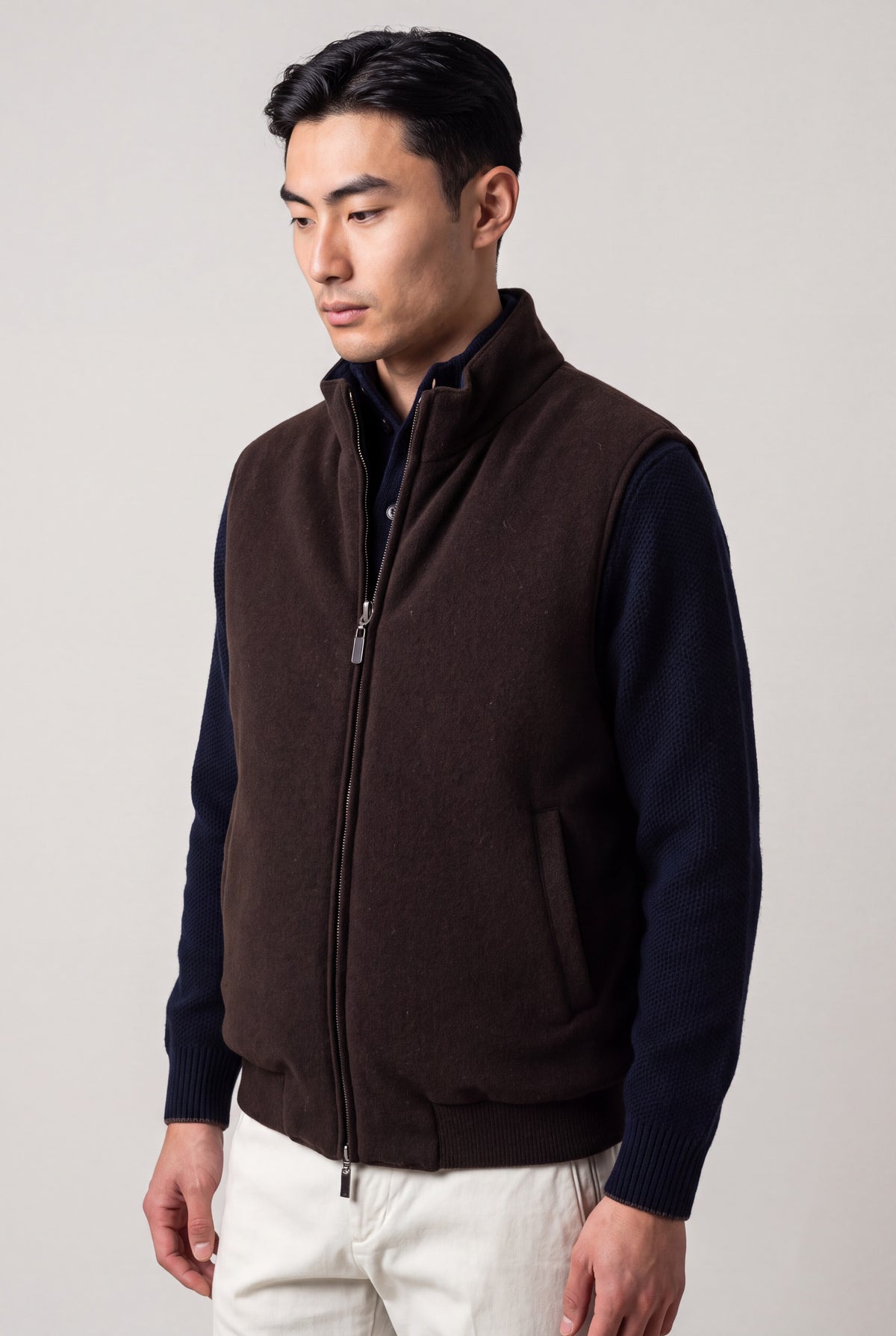 Gilet Reversibile in Tessuto Tecnico e Cashmere Navy/Caffè