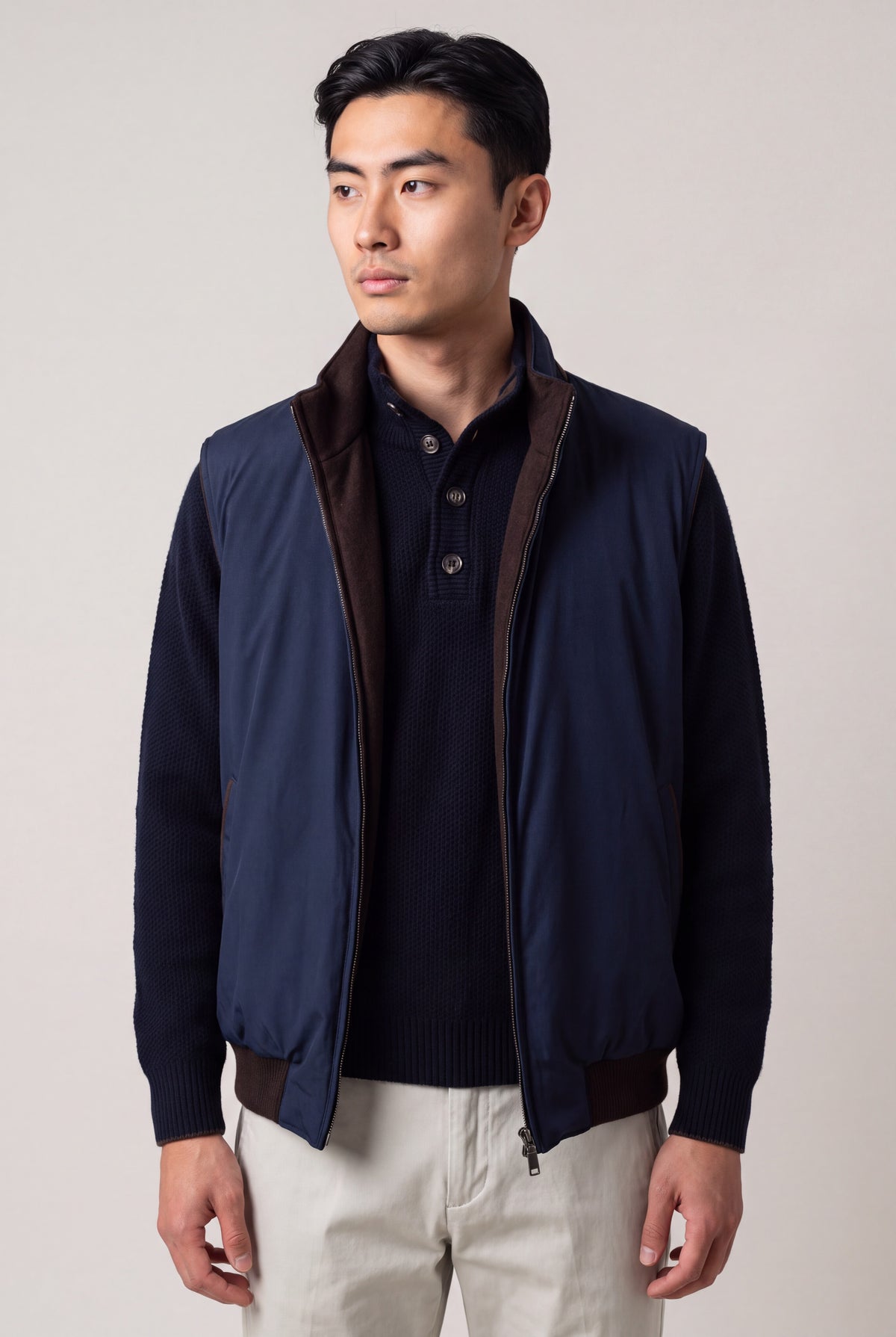 Gilet Reversibile in Tessuto Tecnico e Cashmere Navy/Caffè