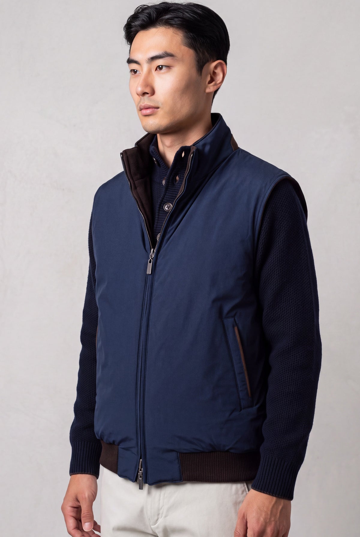 Gilet Reversibile in Tessuto Tecnico e Cashmere Navy/Caffè