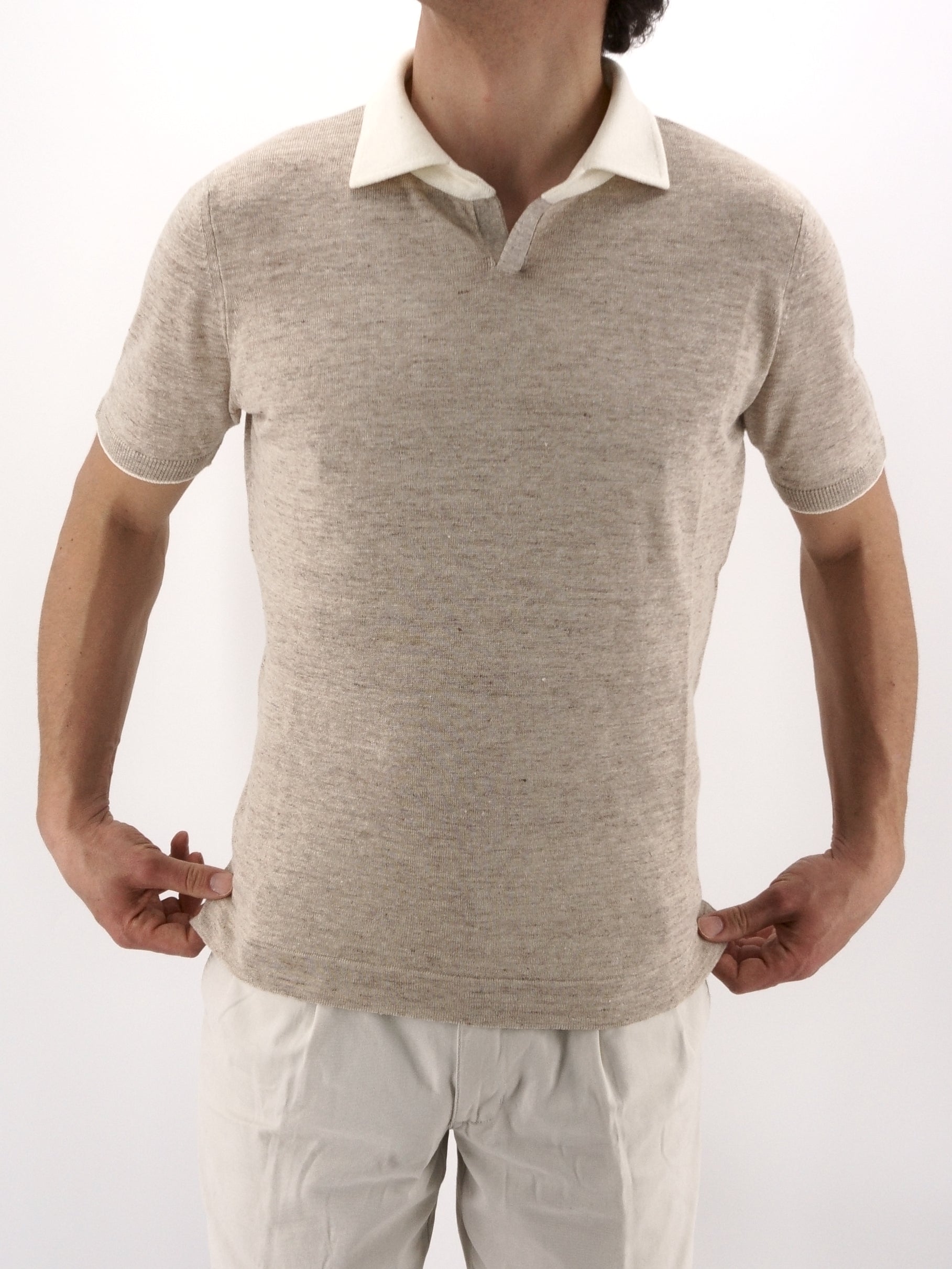 Knitted Polo Short Sleeves Burnt Brown 70% Linen 30% Silk