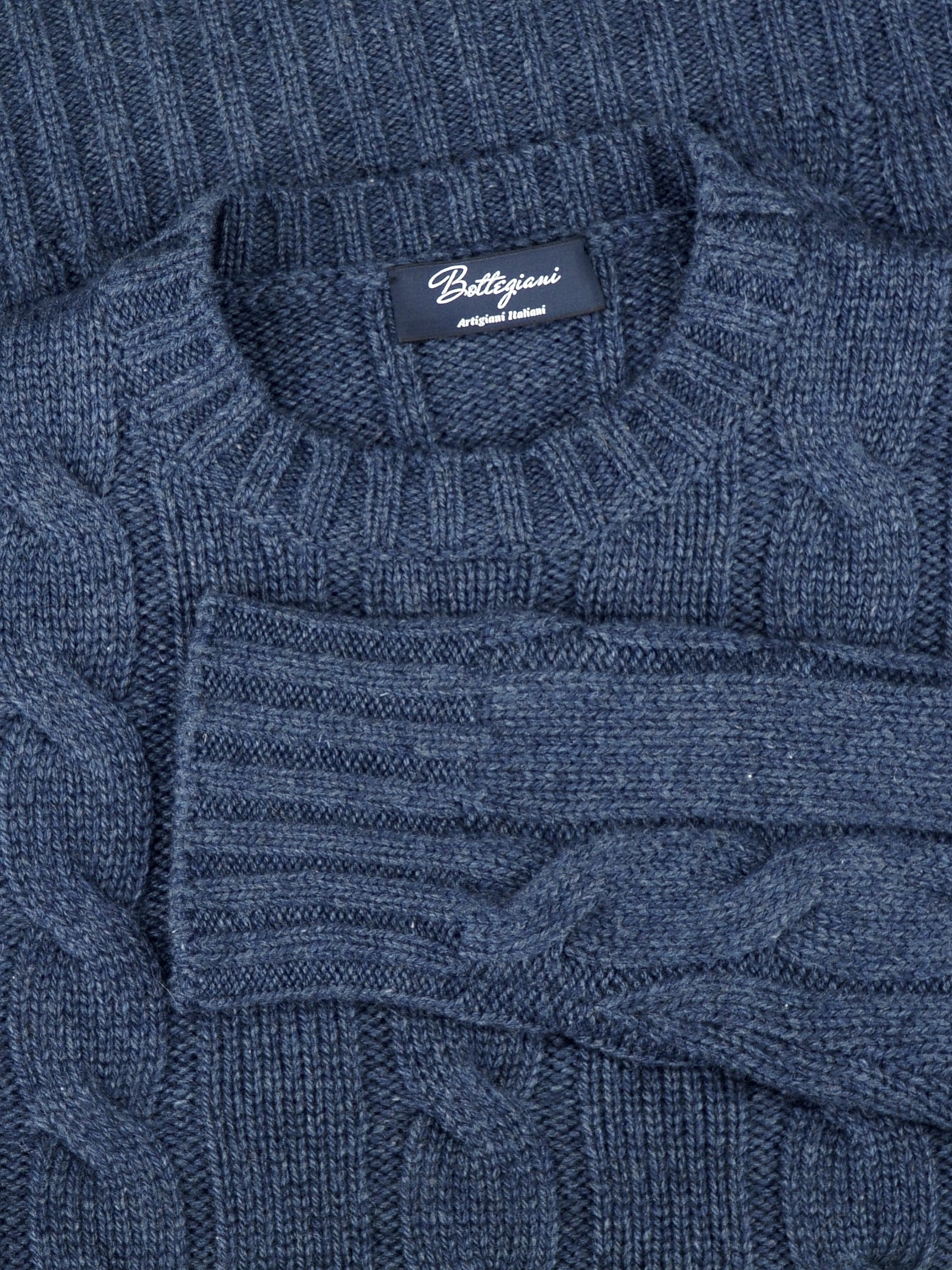 Wide Cable Crewneck Blue di Prussia 100% Cashmere