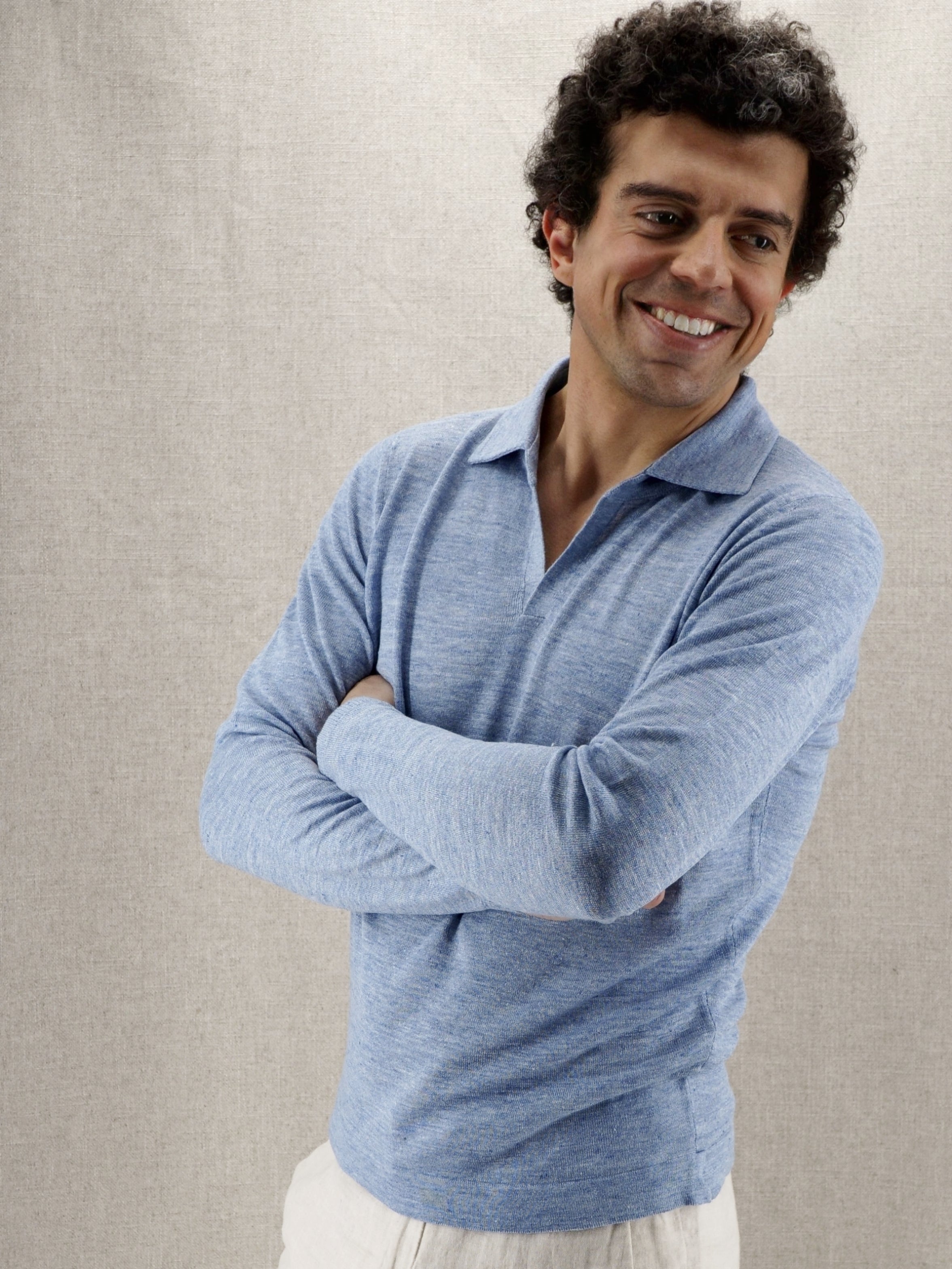 Long Sleeves Polo Celeste 70% Linen 30% Silk