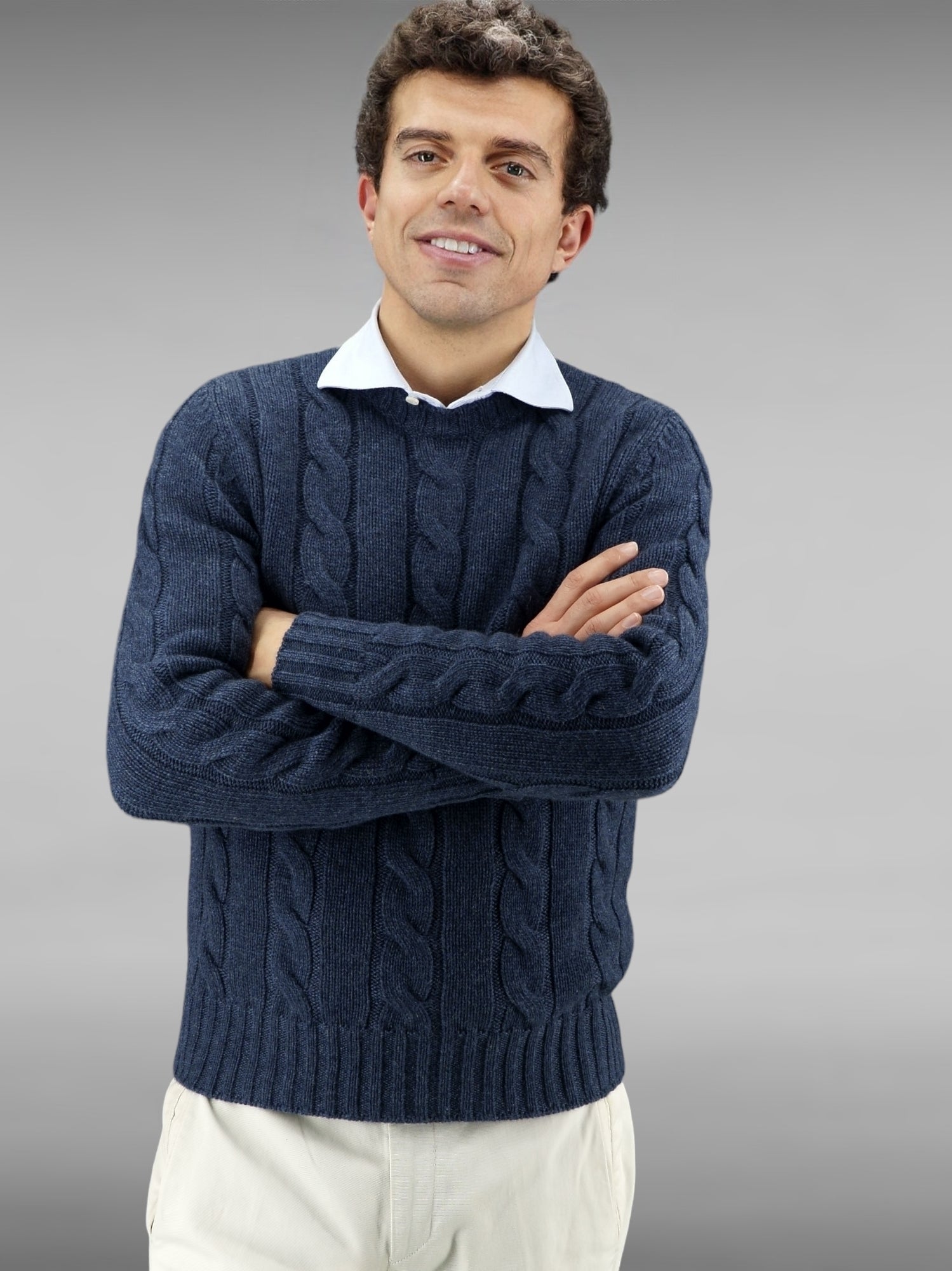Wide Cable Crewneck Blue di Prussia 100% Cashmere