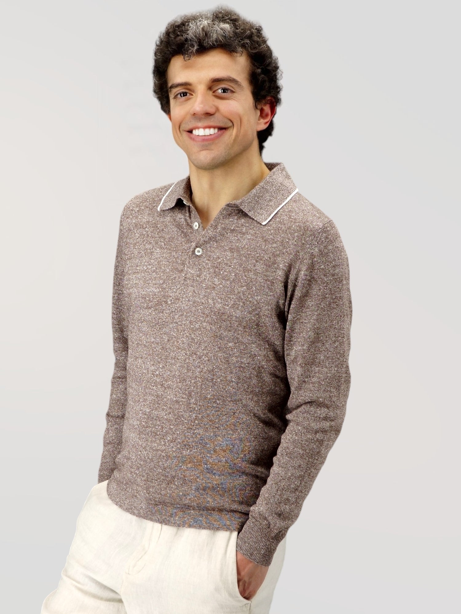 Long Sleeve Polo Shirt Brown 68% Linen 32% Cotton