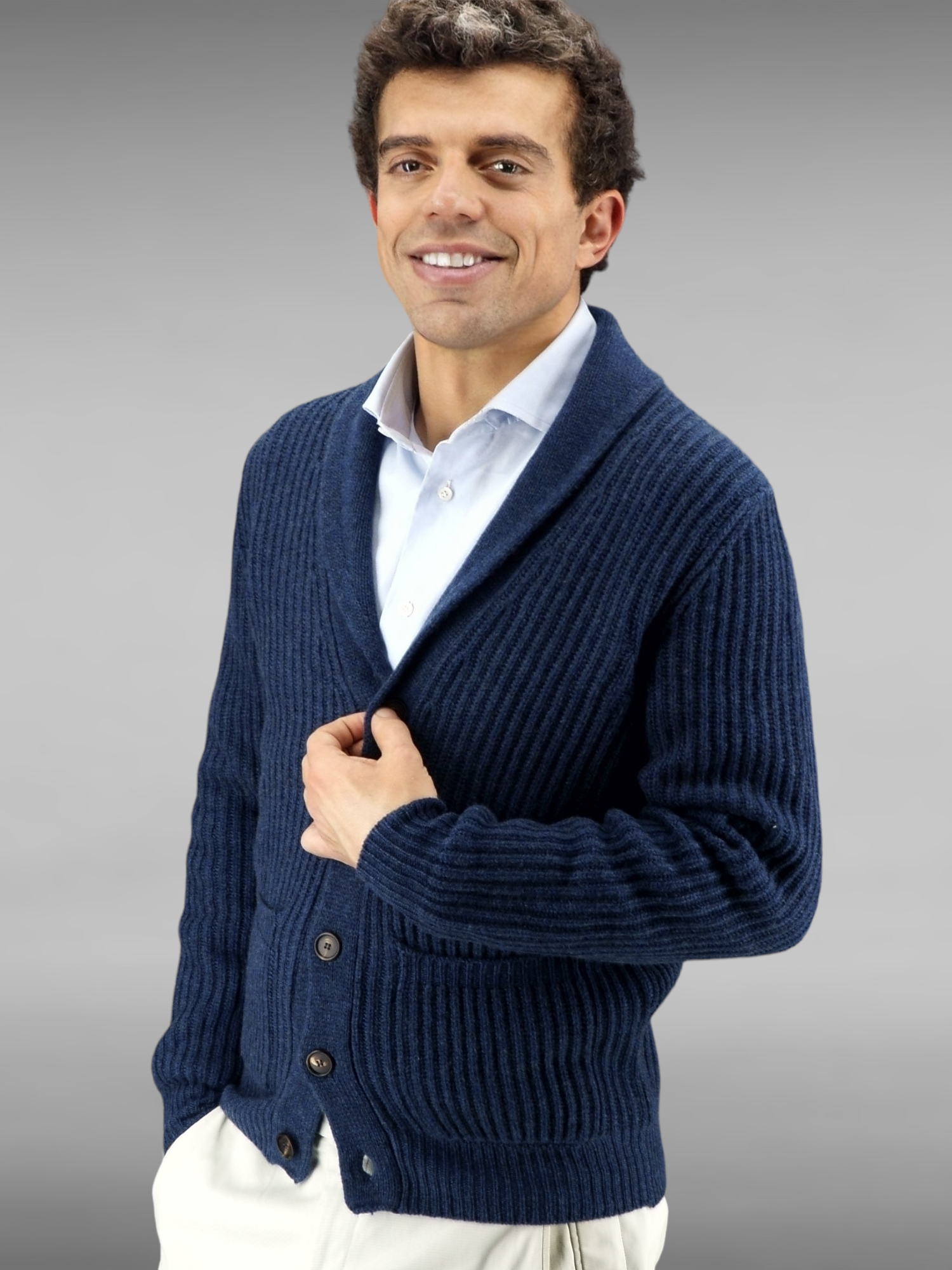 Shawl Collar Cardigan Blu 100% Cashmere