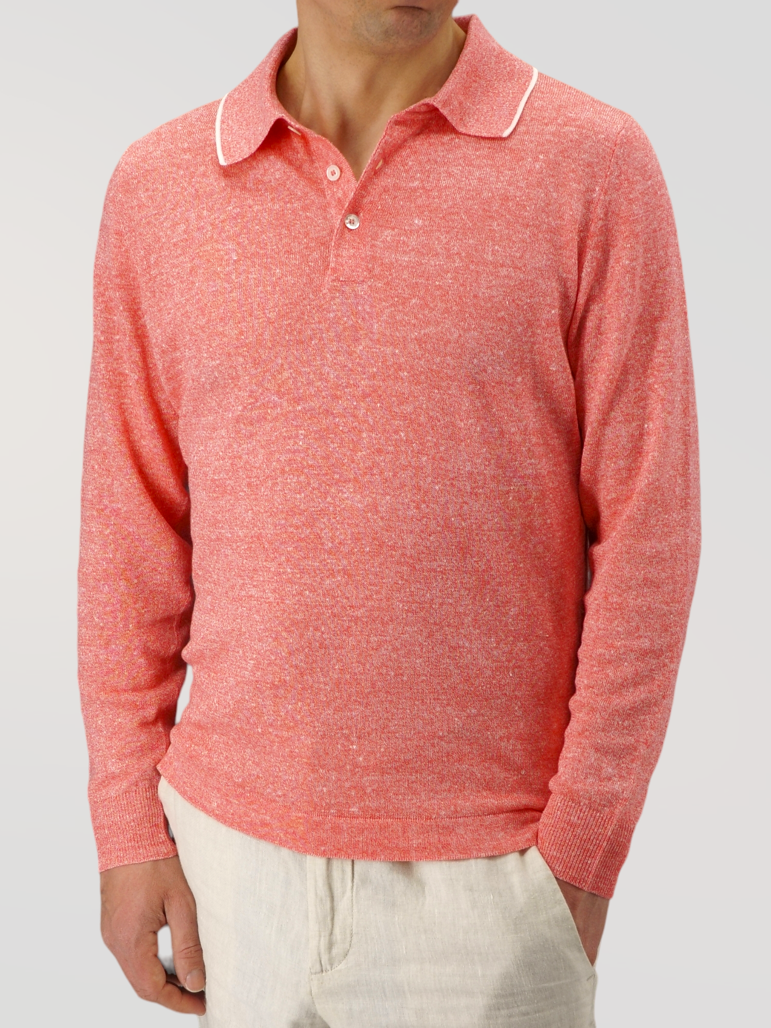 Long Sleeve Polo Shirt Pink Lemonade 68% Linen 32% Cotton