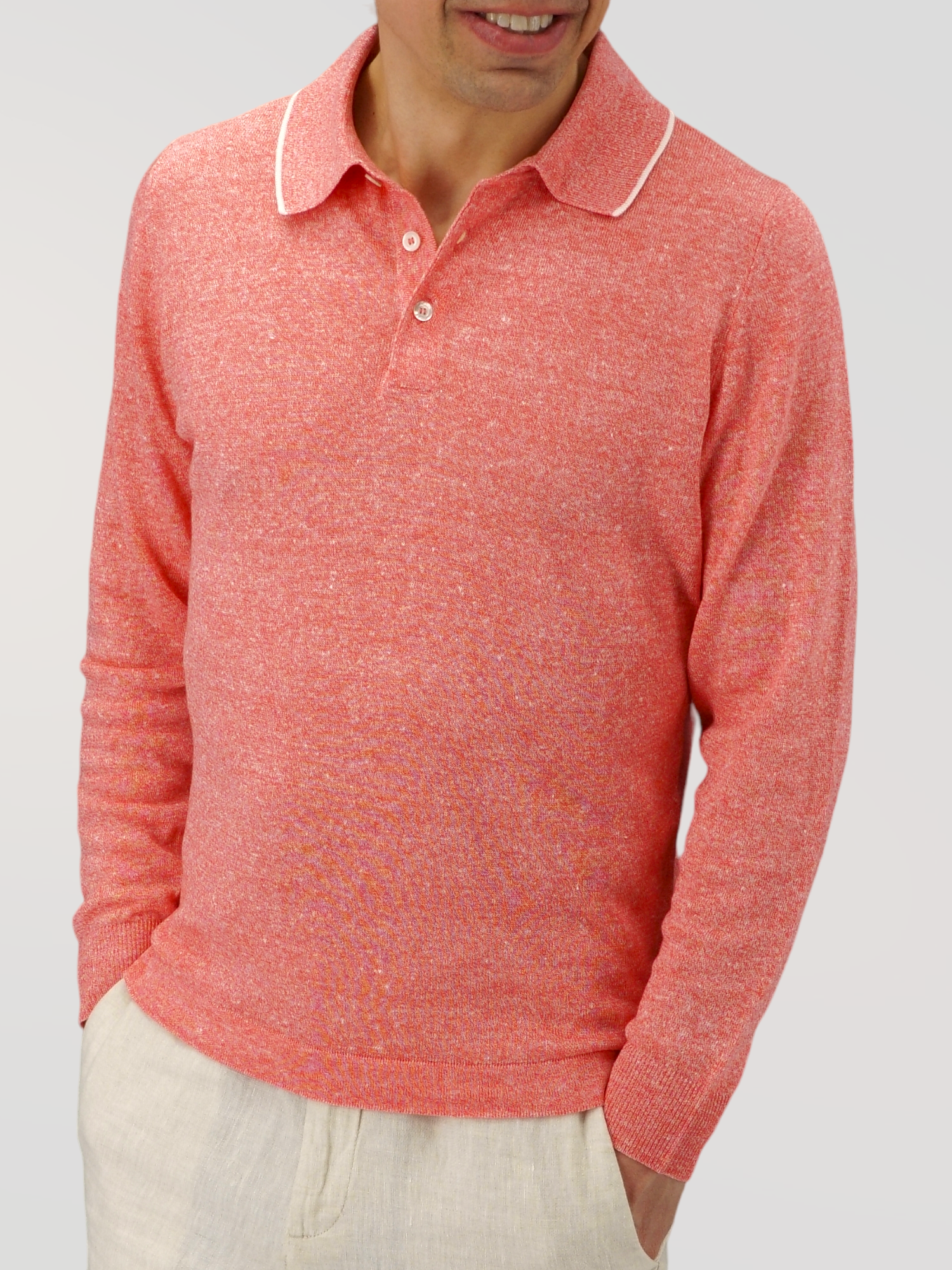 Long Sleeve Polo Shirt Pink Lemonade 68% Linen 32% Cotton