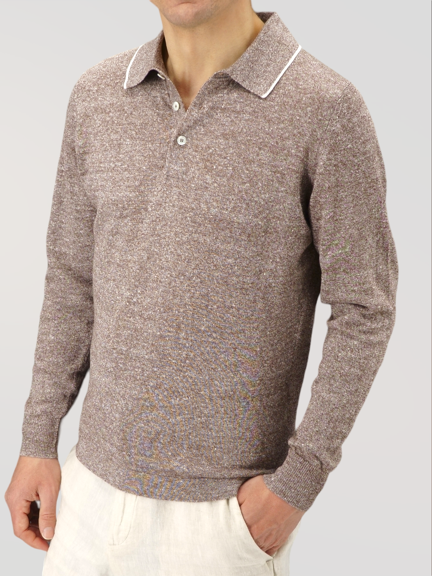 Long Sleeve Polo Shirt Brown 68% Linen 32% Cotton