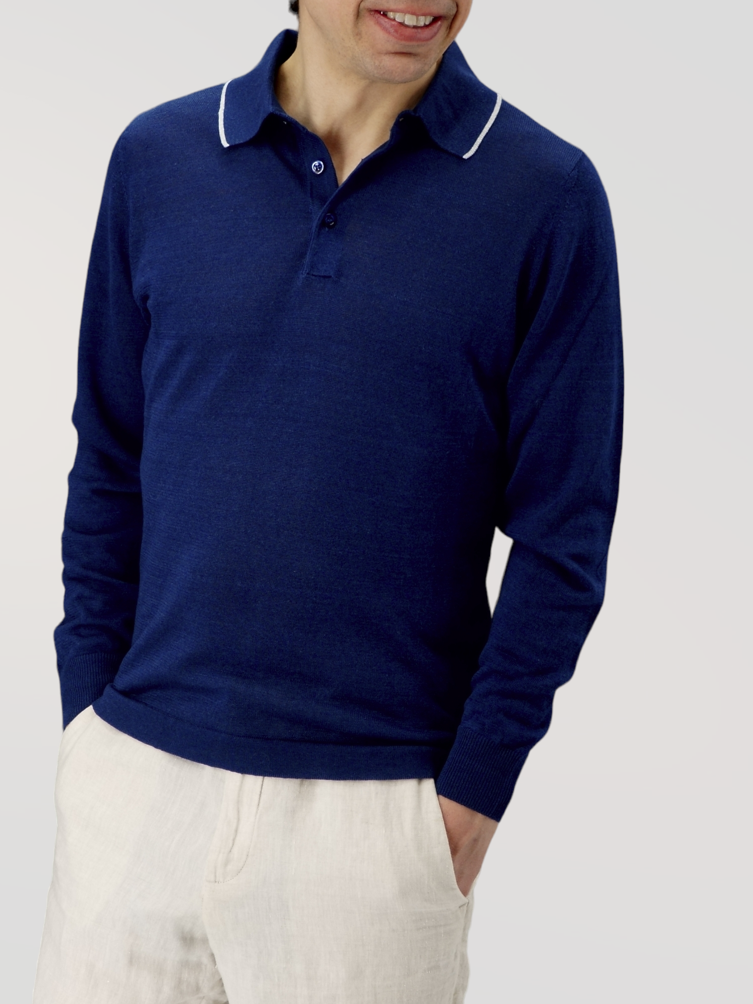 Long Sleeve Polo Shirt Blu 68% Linen 32% Cotton