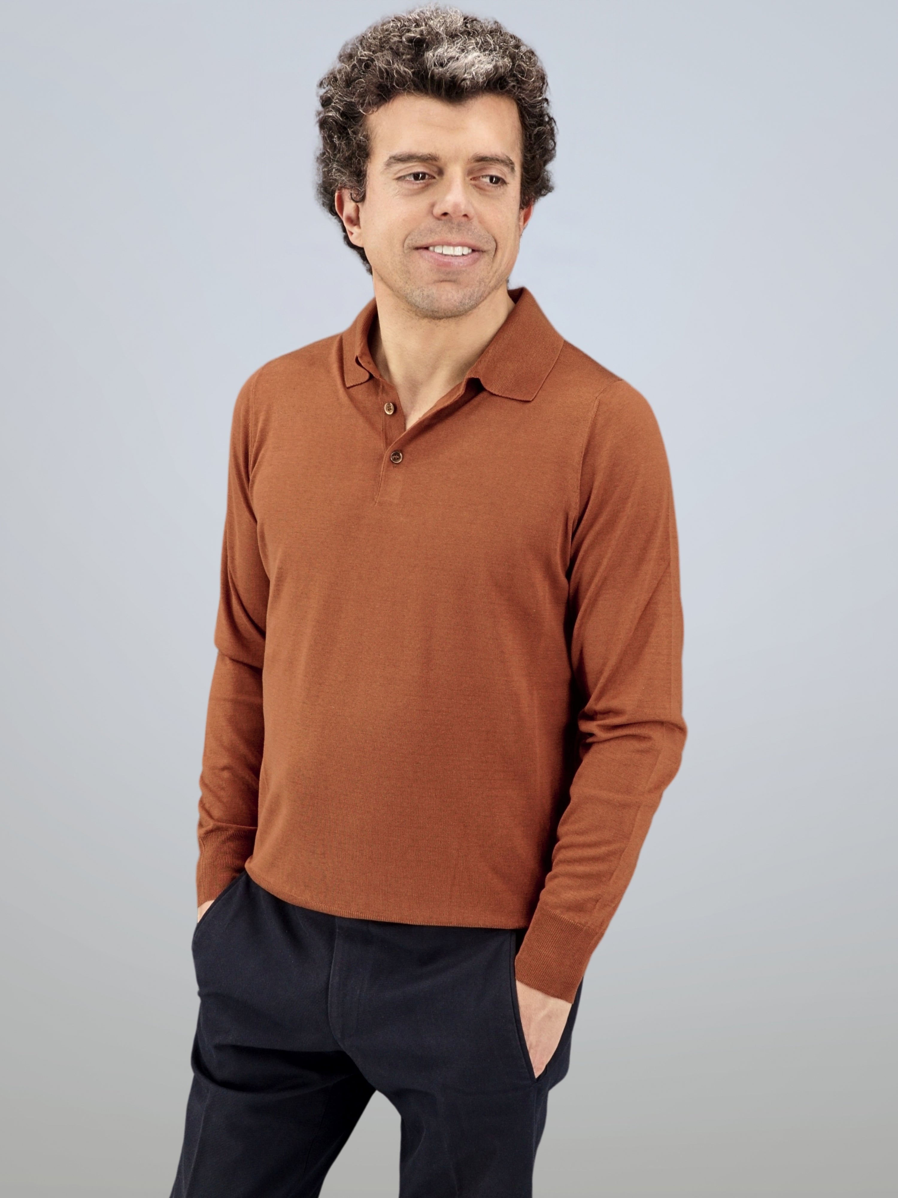 Knitted Polo Long Sleeves Terracotta 100% Silk