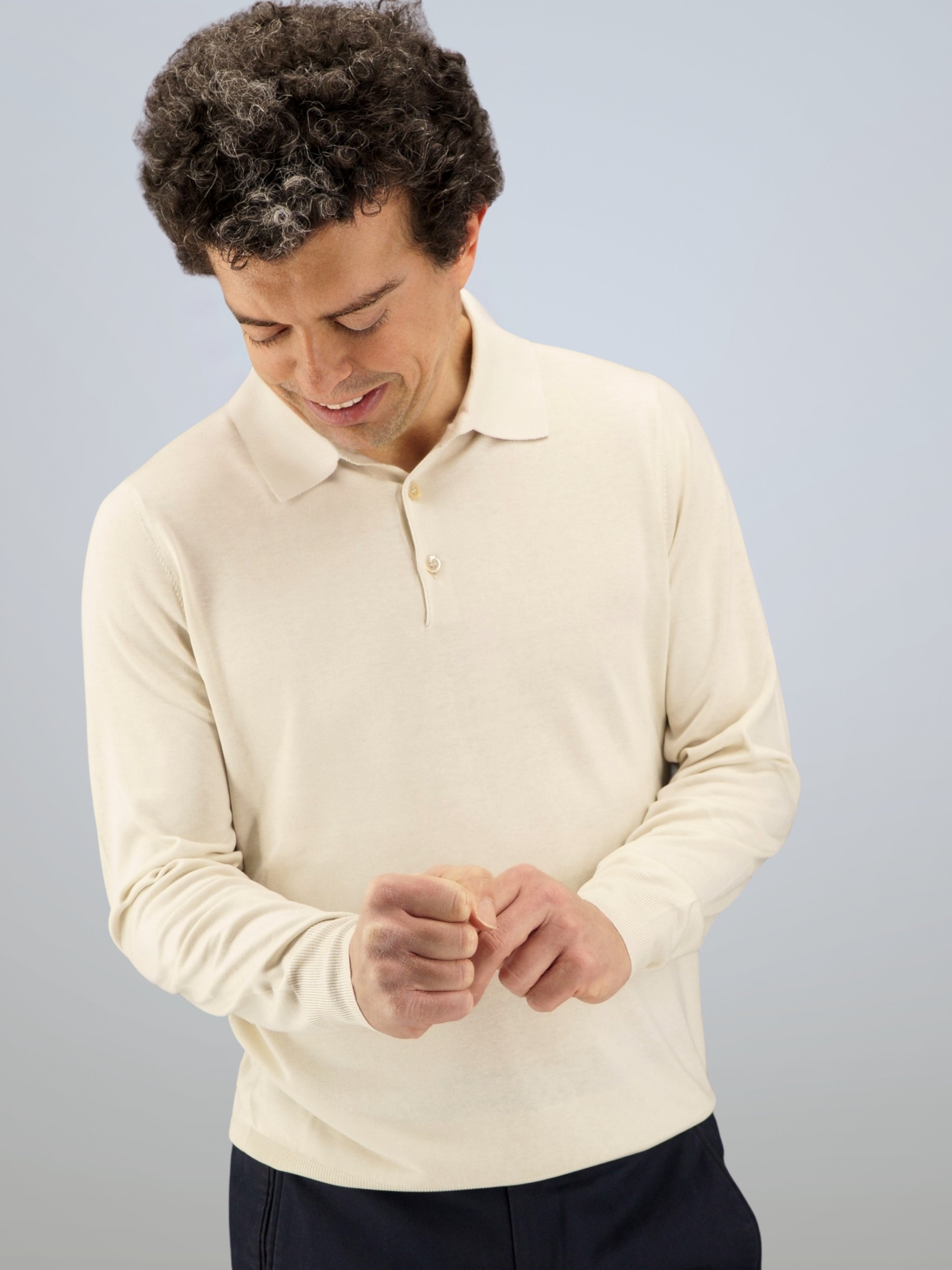 Knitted Polo Long Sleeves Panna 100% Silk