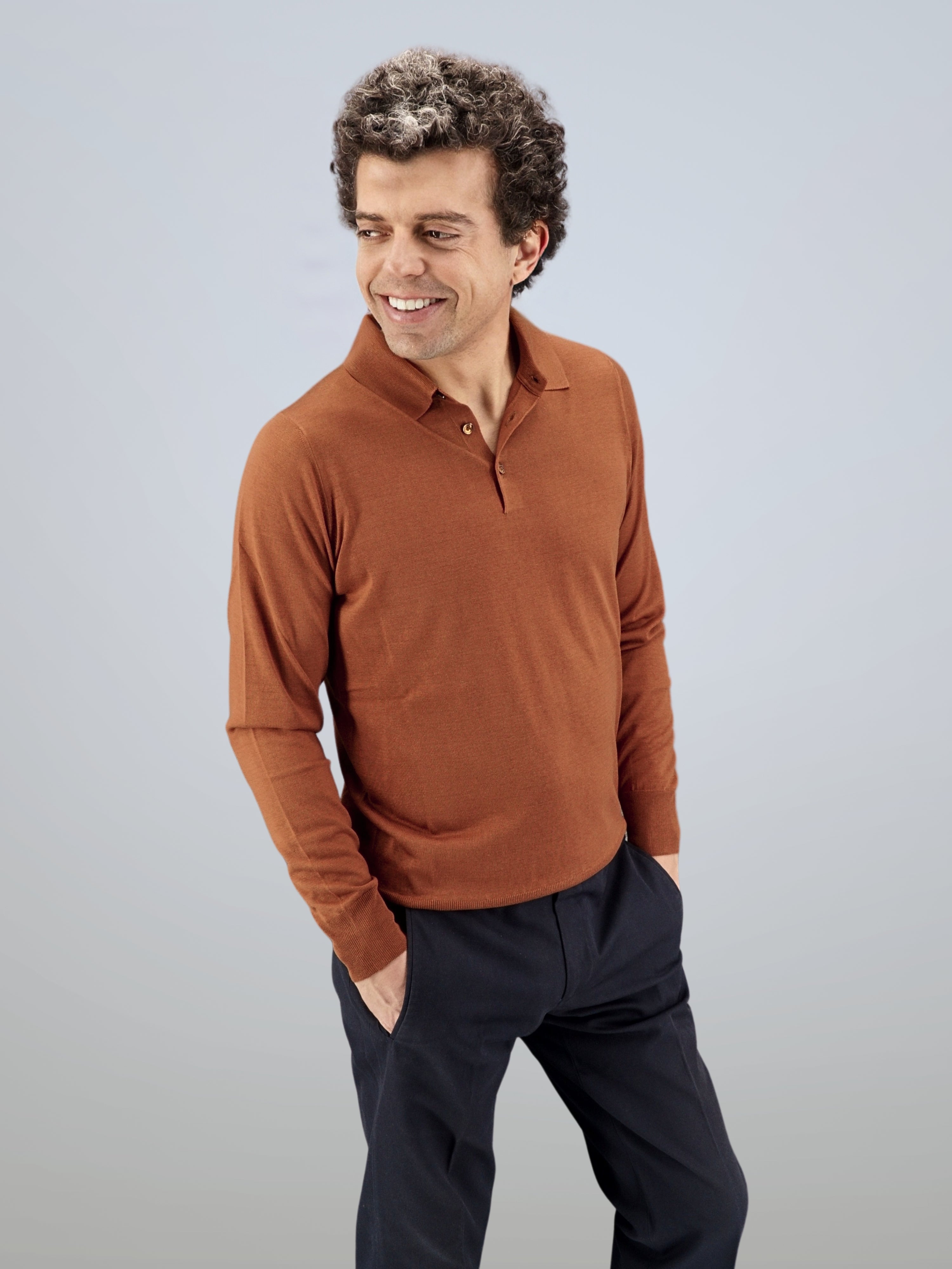 Knitted Polo Long Sleeves Terracotta 100% Silk