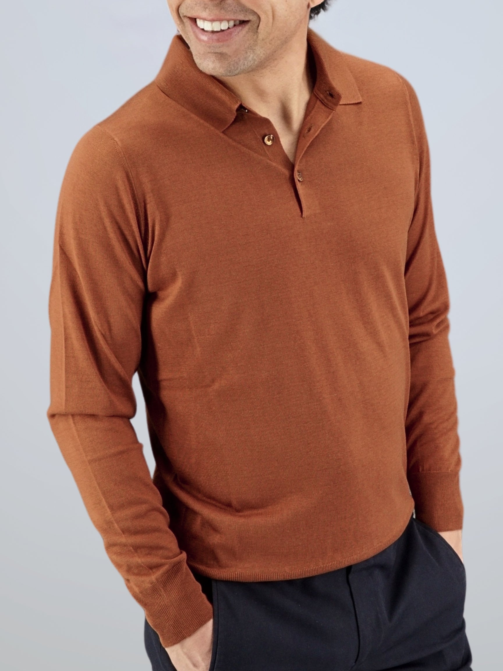 Knitted Polo Long Sleeves Terracotta 100% Silk