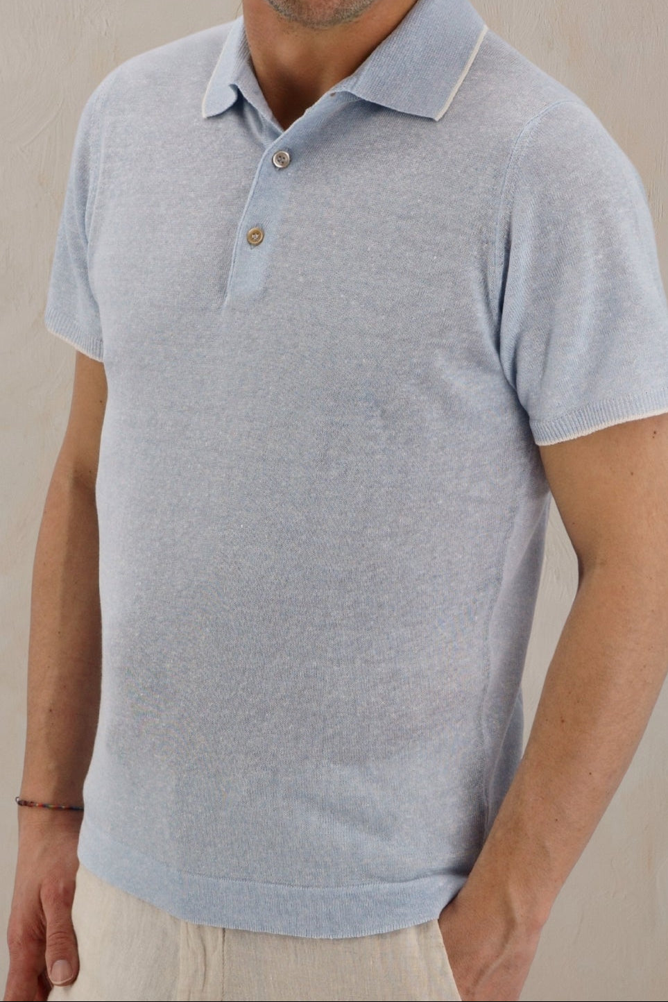 Short Sleeve Polo Shirt Celeste 68% Linen 32% Cotton