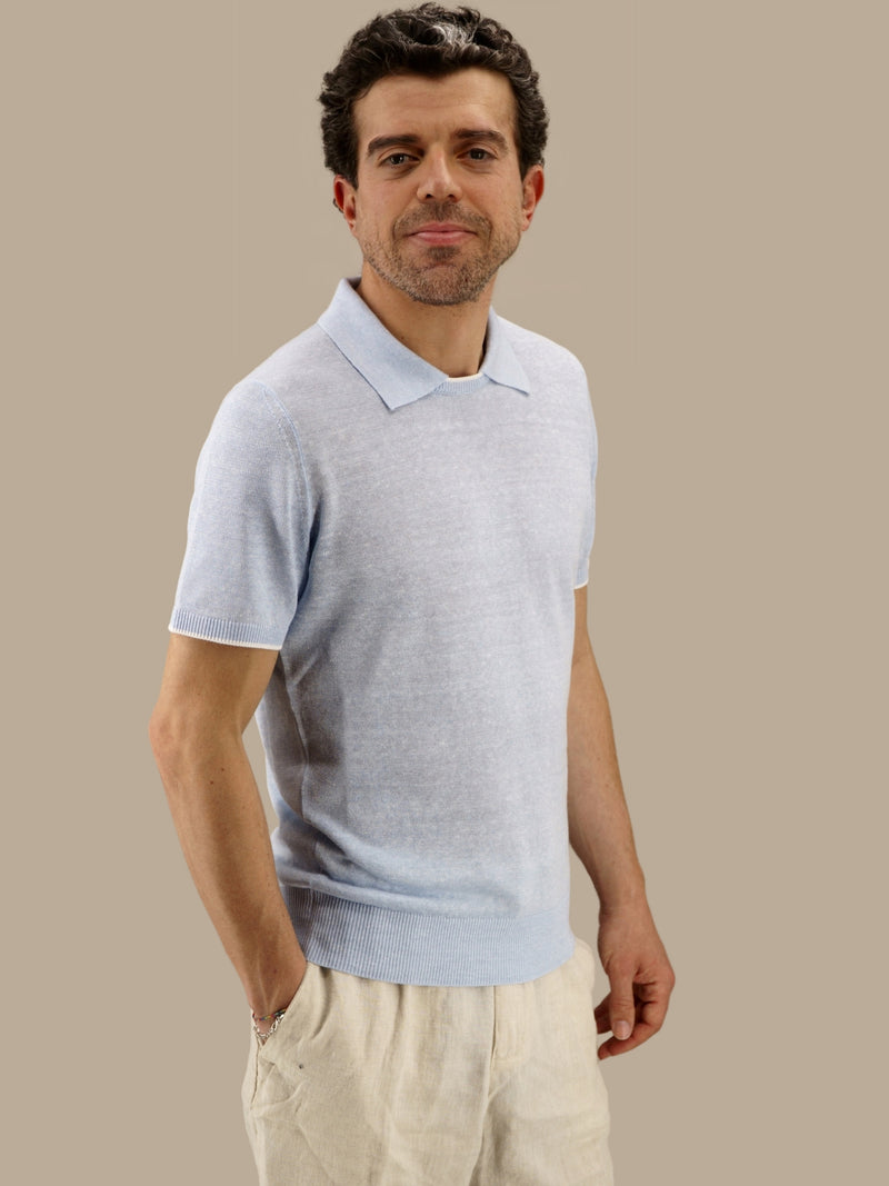 Short Sleeve Tee-Polo Celeste 68% Linen 32% Cotton
