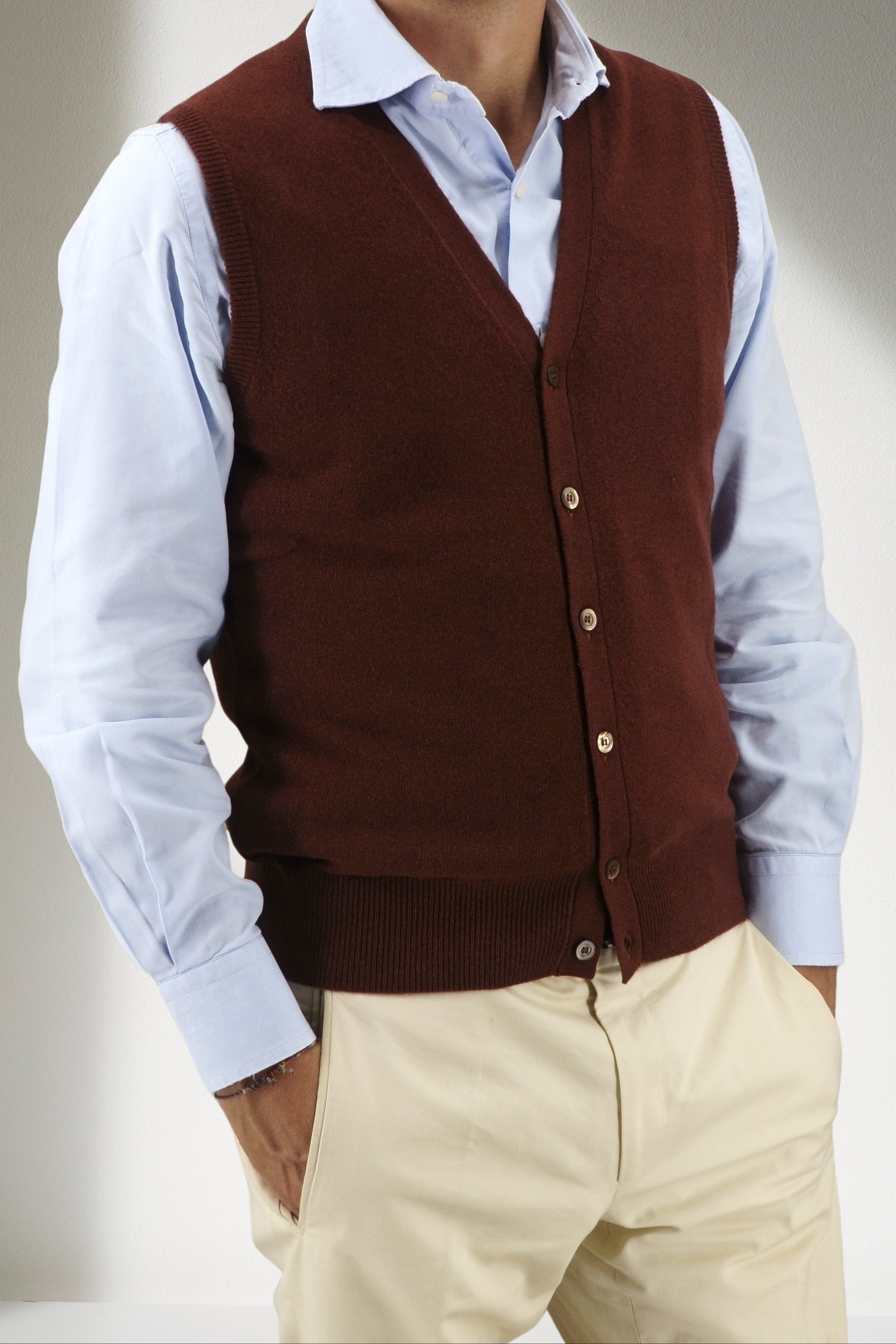 BUTTON GILET BRICK 100% CASHMERE