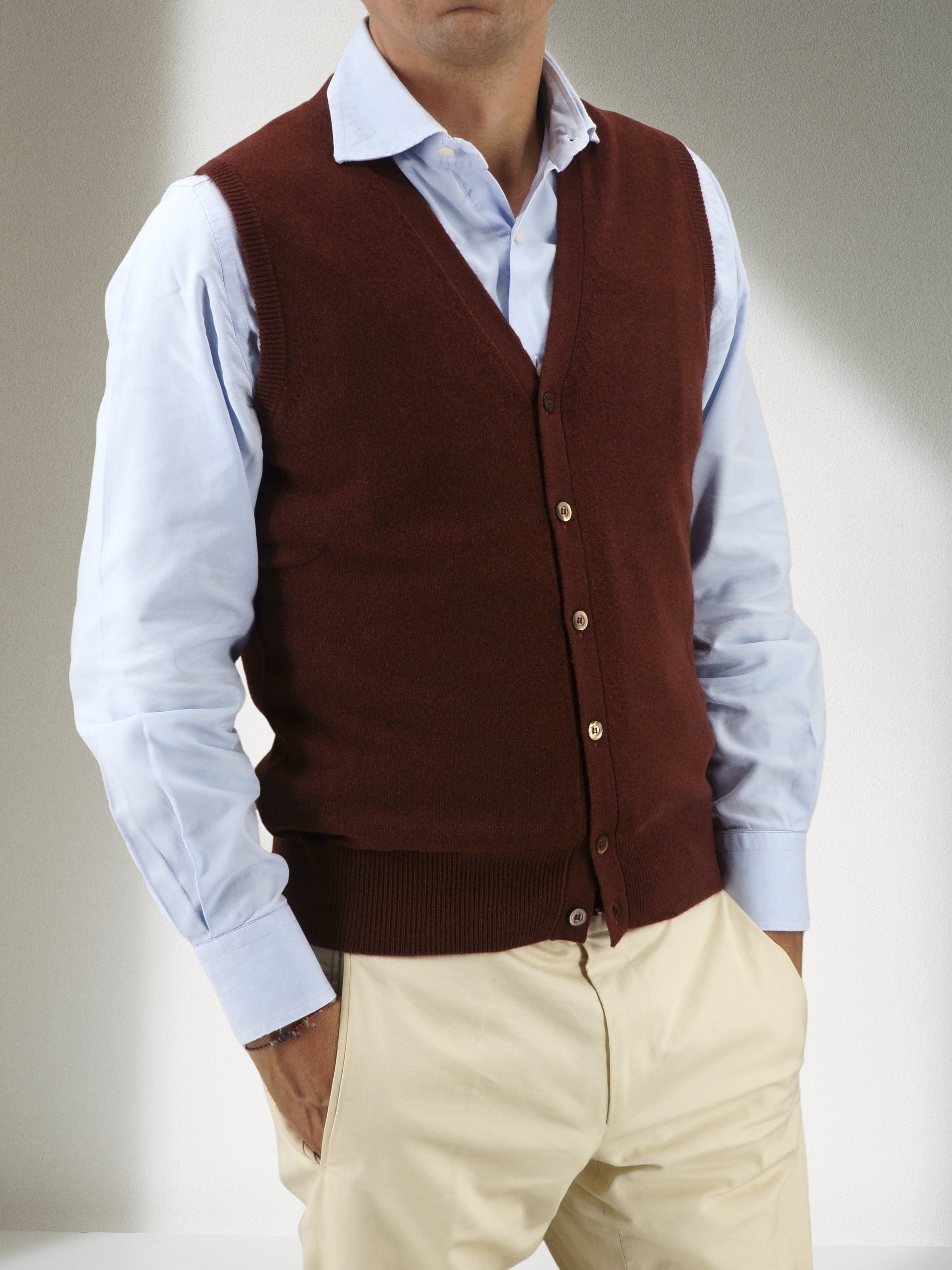 BUTTON GILET BRICK 100% CASHMERE