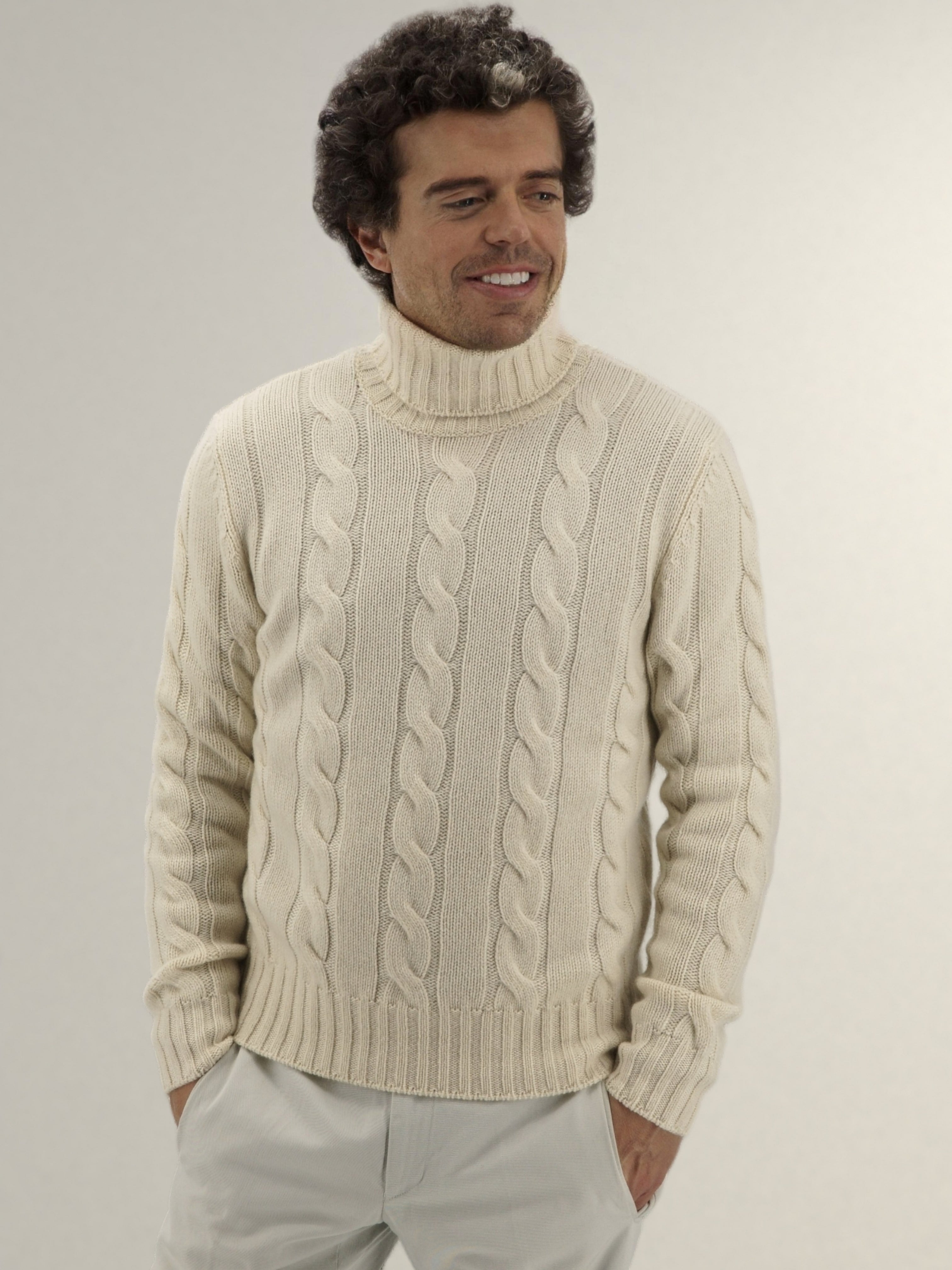 Wide Cable Turtleneck Panna 100% Cashmere