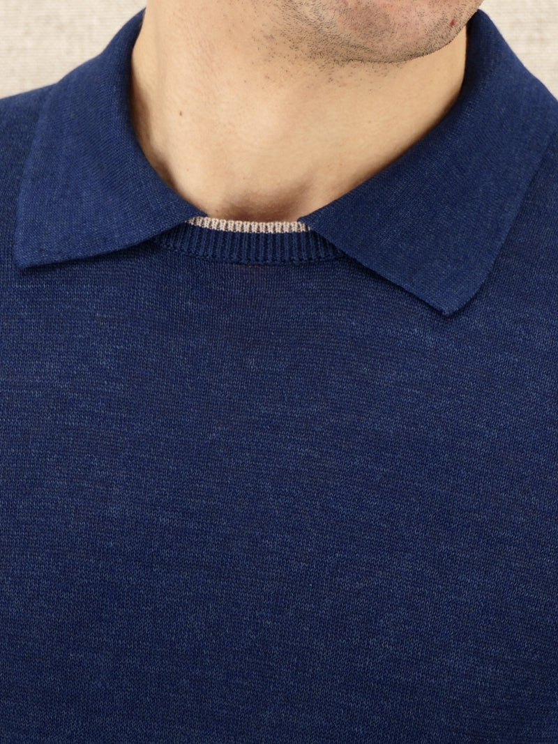 T-Shirt Polo Maniche Corte Blu 68% Lino 32% Cotone