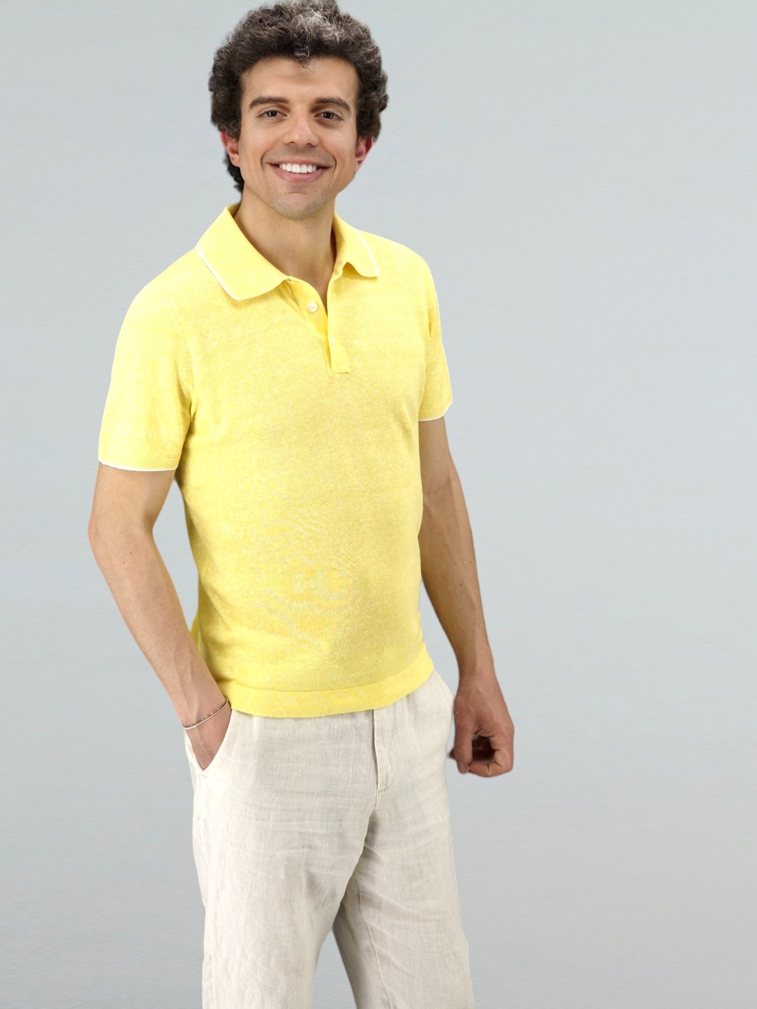 Short Sleeve Polo Shirt Yellow 68% Linen 32% Cotton