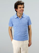 Short Sleeve Polo Shirt Azzurro 68% Linen 32% Cotton