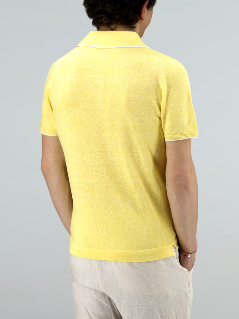 Short Sleeve Polo Shirt Yellow 68% Linen 32% Cotton