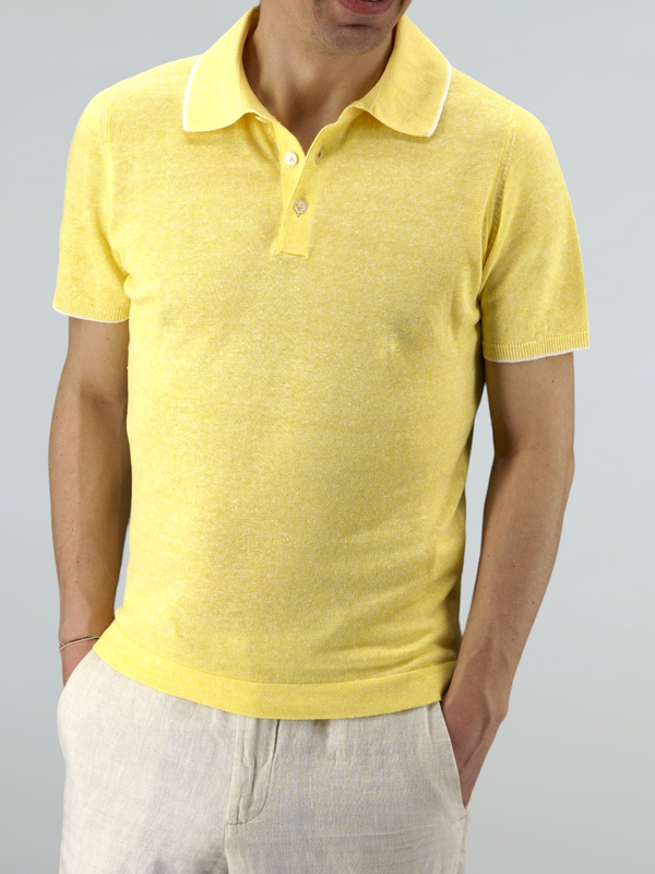 Short Sleeve Polo Shirt Yellow 68% Linen 32% Cotton