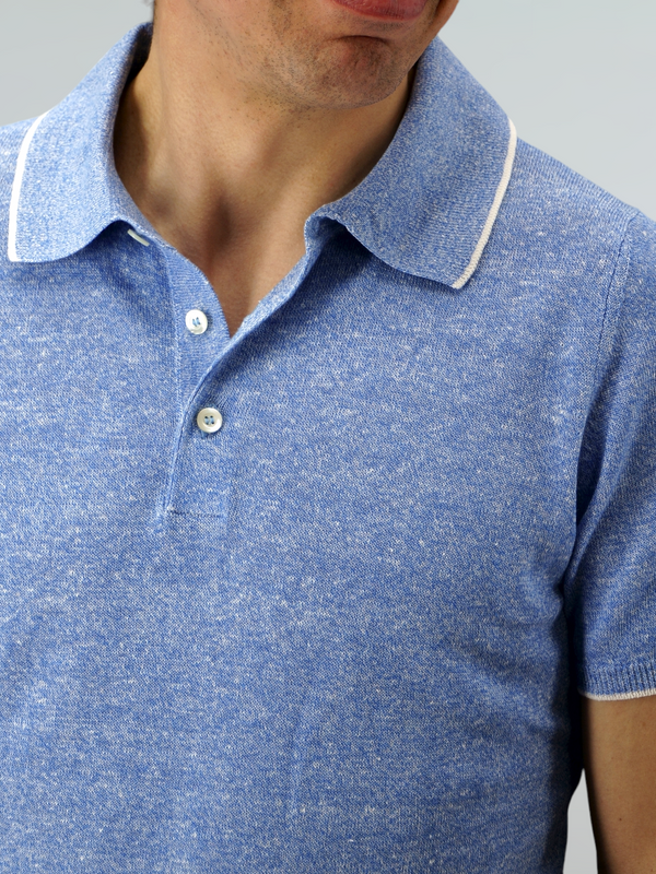 Short Sleeve Polo Shirt Azzurro 68% Linen 32% Cotton