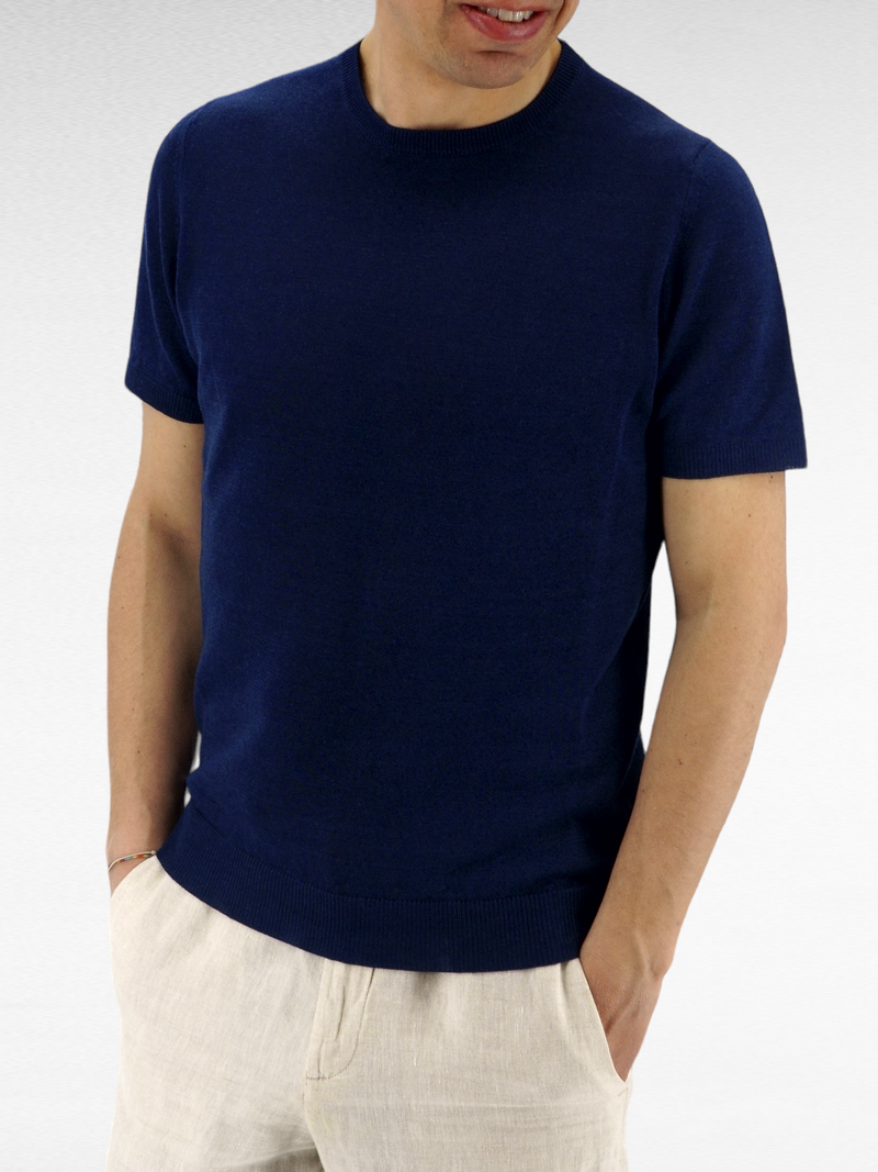 T-Shirt in maglia Blu 68% Lino 32% Cotone