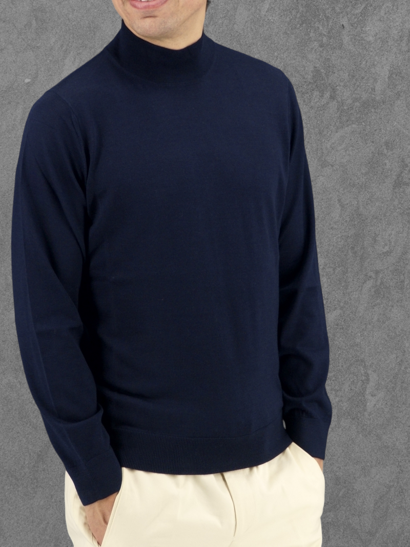 Mock Neck Blu Notte Cashmere Wool and Silk
