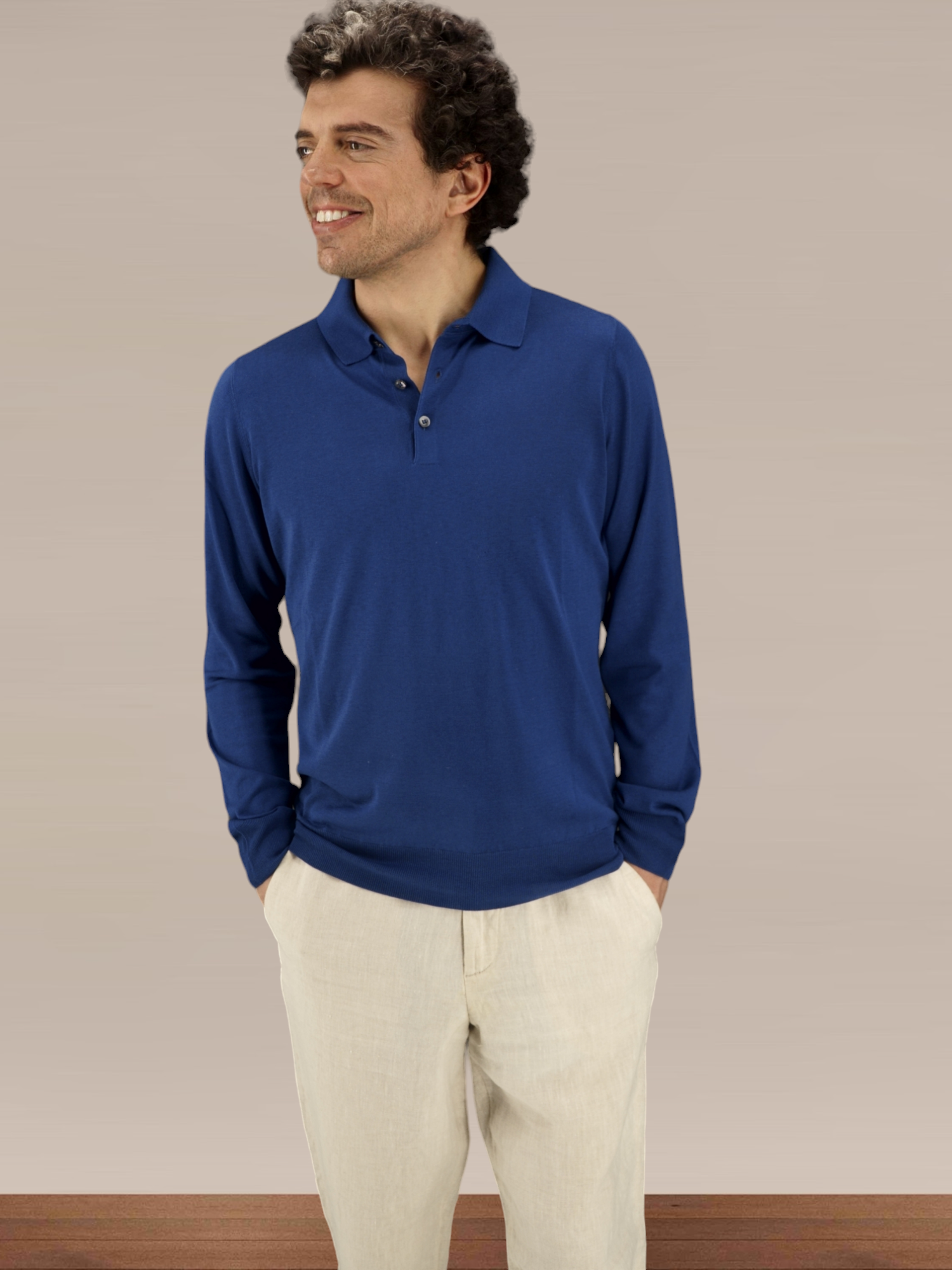 Polo in Maglia Maniche Lunghe Blu Portofino 100% Seta