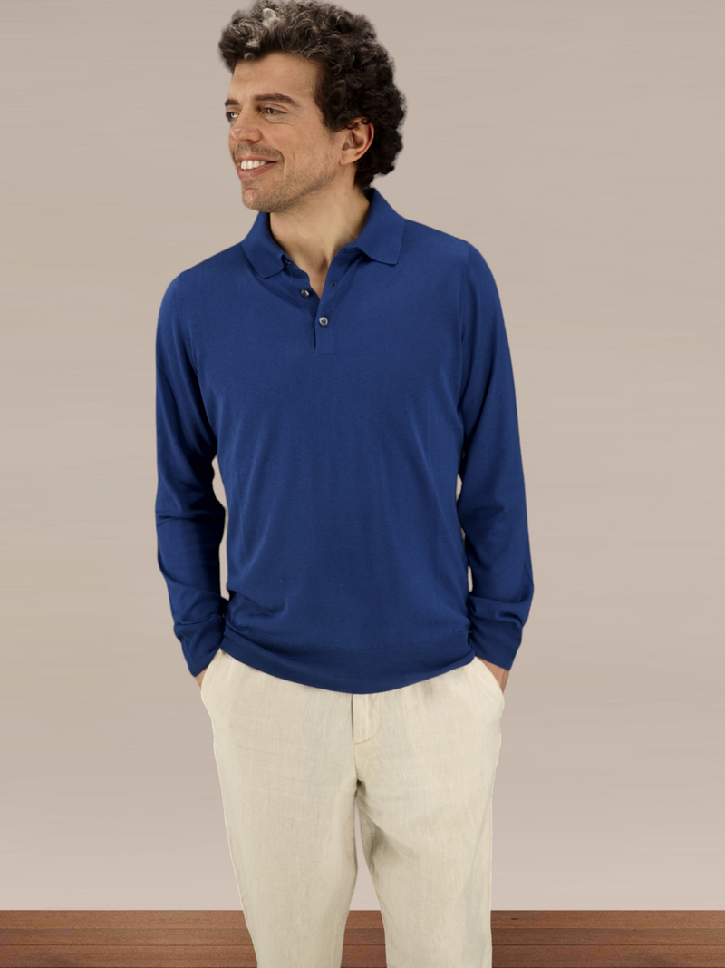 Knitted Polo Long Sleeves Blu Portofino 100% Silk