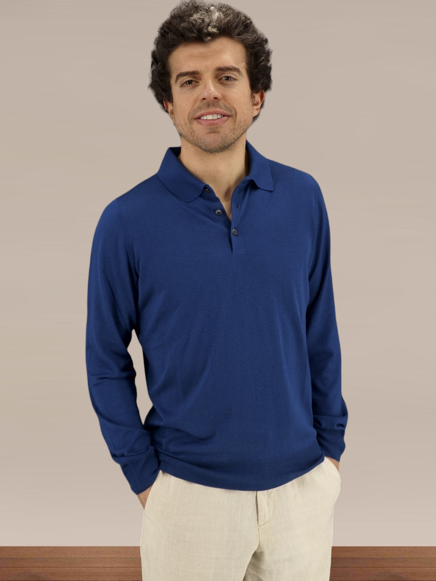 Polo in Maglia Maniche Lunghe Blu Portofino 100% Seta