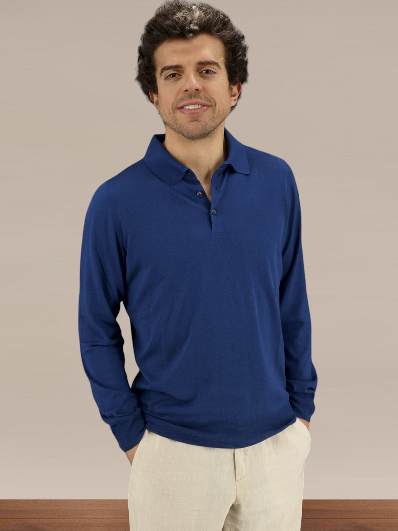 Knitted Polo Long Sleeves Blu Portofino 100% Silk