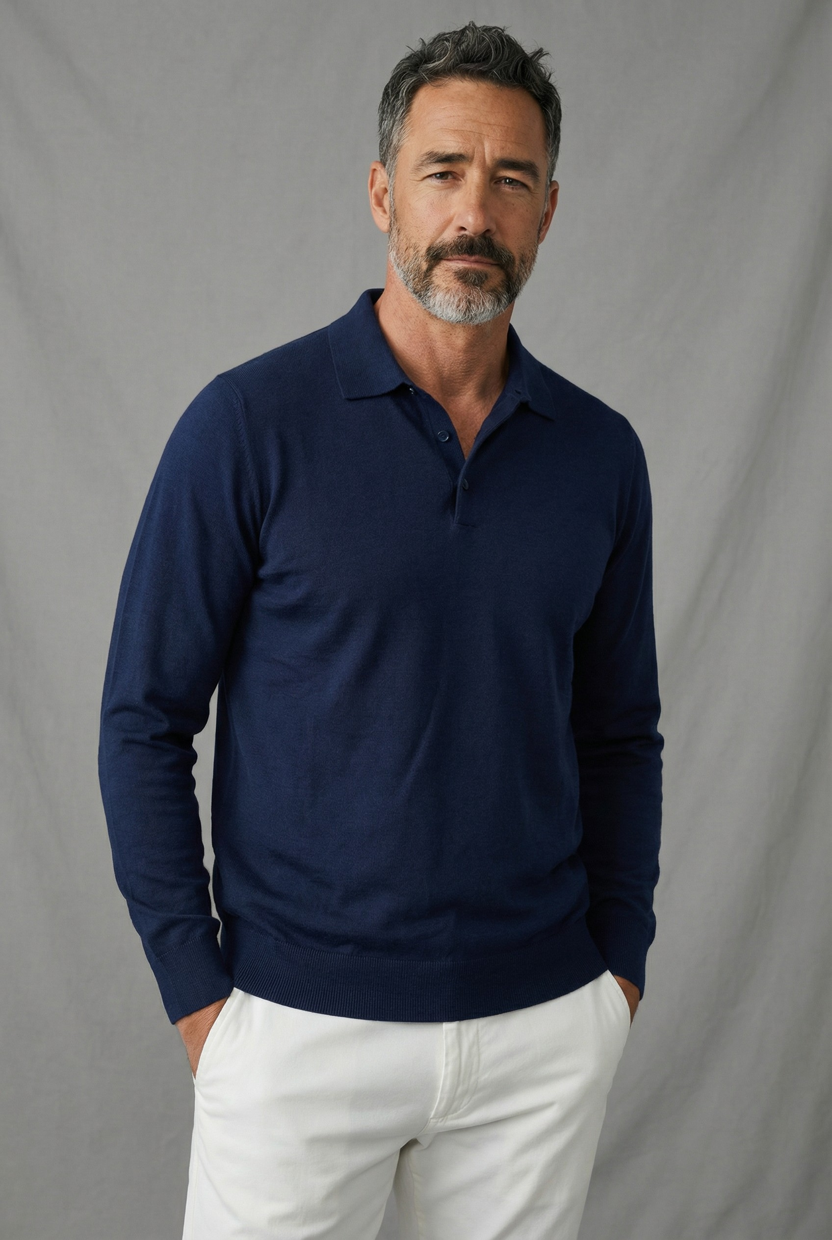 Polo in Maglia Maniche Lunghe Midnight Blue 100% Seta