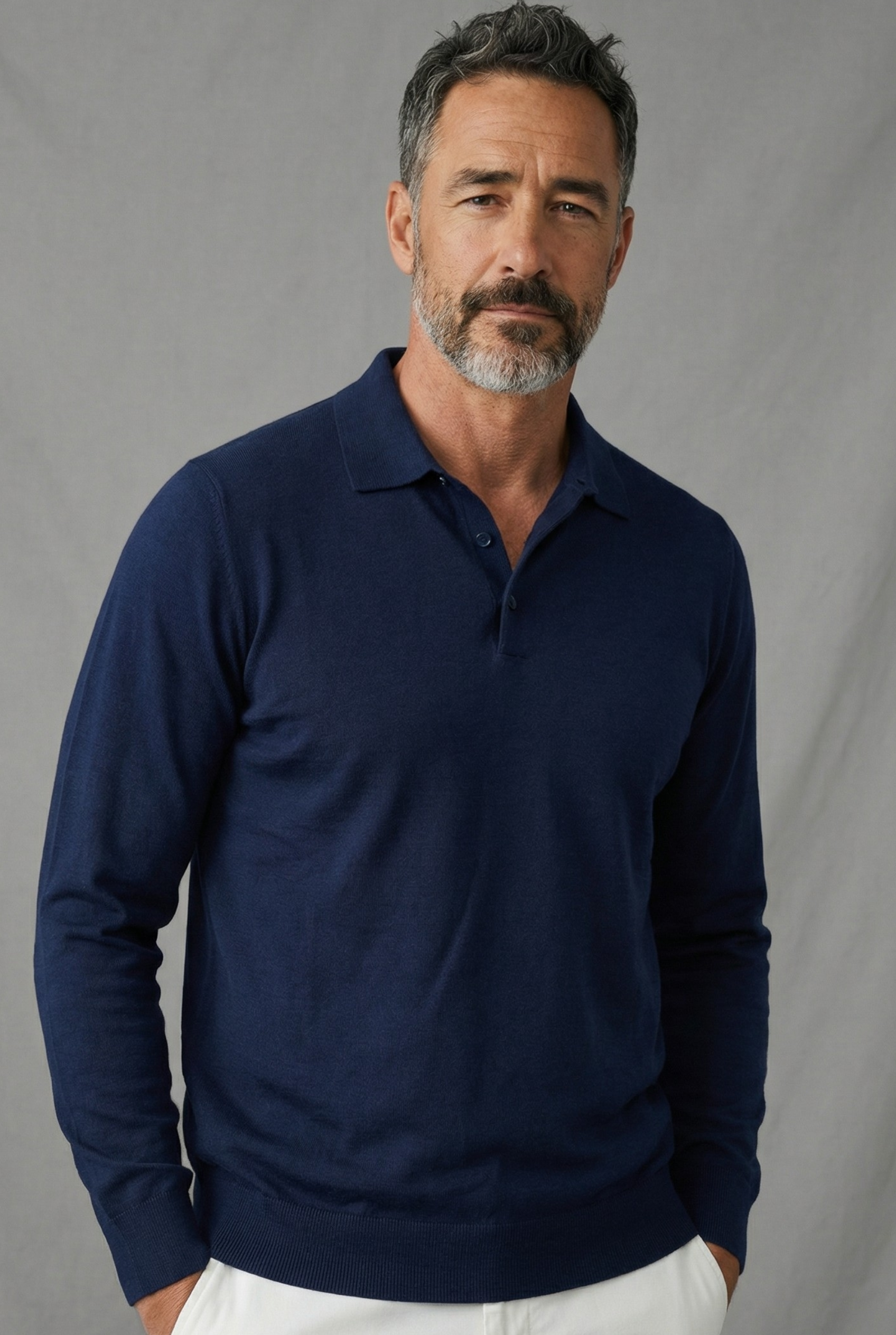 Polo in Maglia Maniche Lunghe Midnight Blue 100% Seta