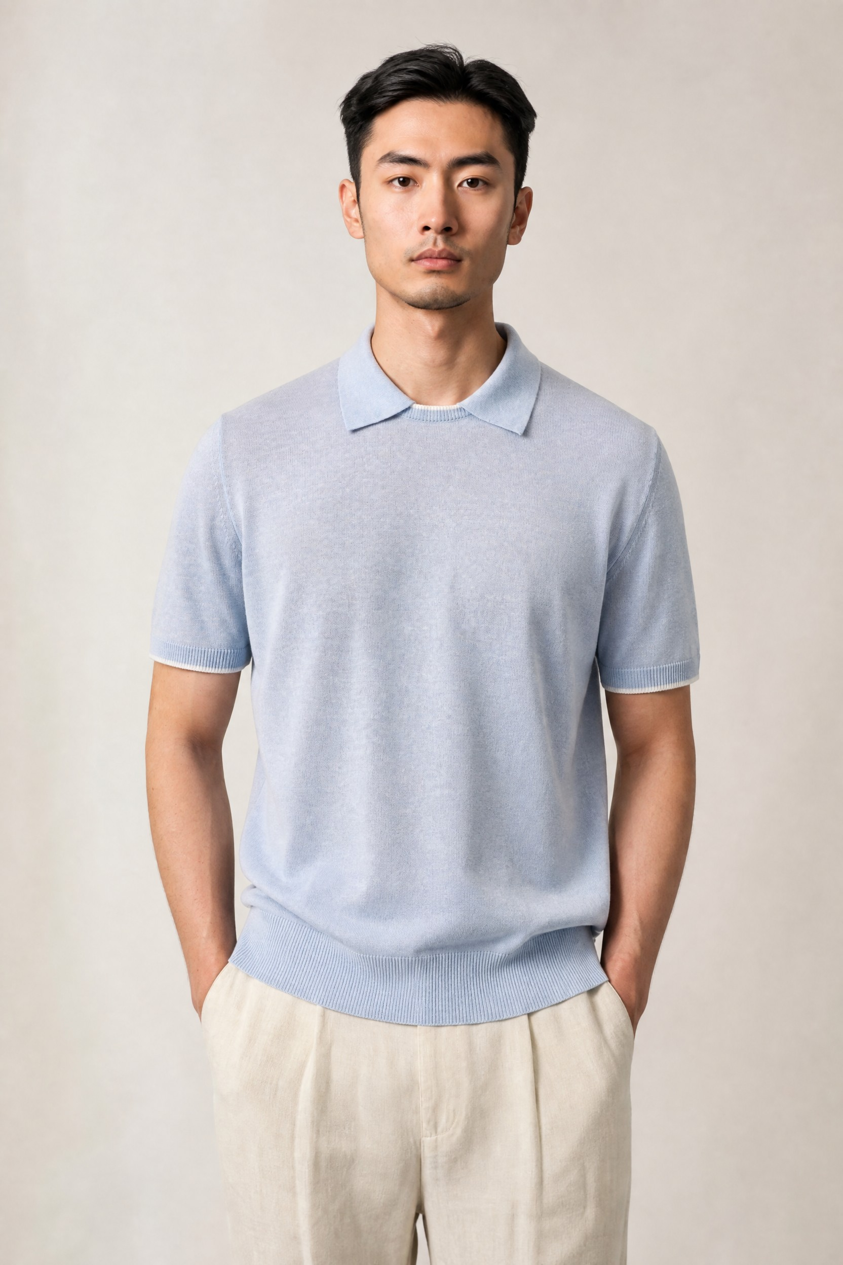 Short Sleeve Tee-Polo Celeste 68% Linen 32% Cotton