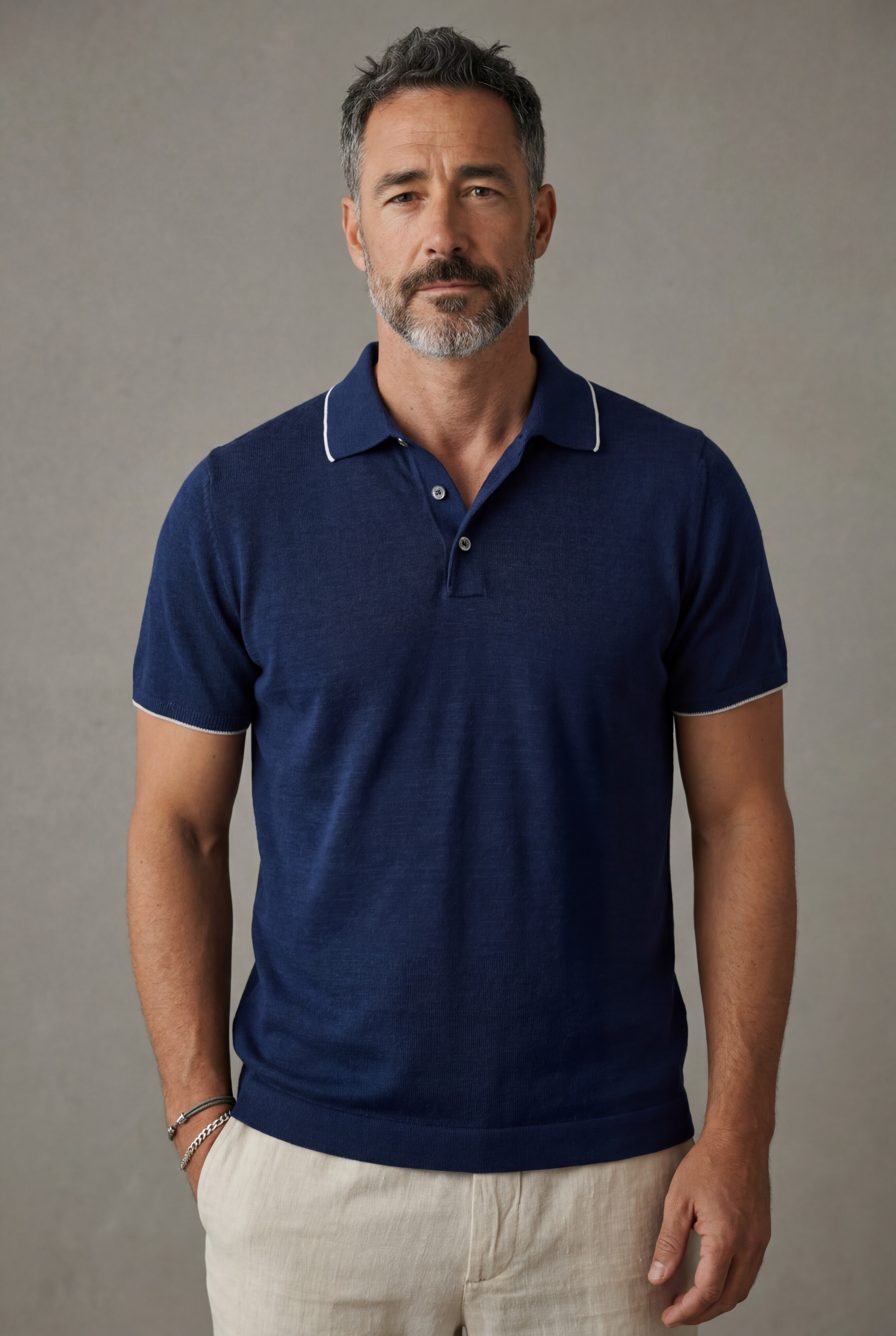 Short Sleeve Polo Shirt Blu 68% Linen 32% Cotton