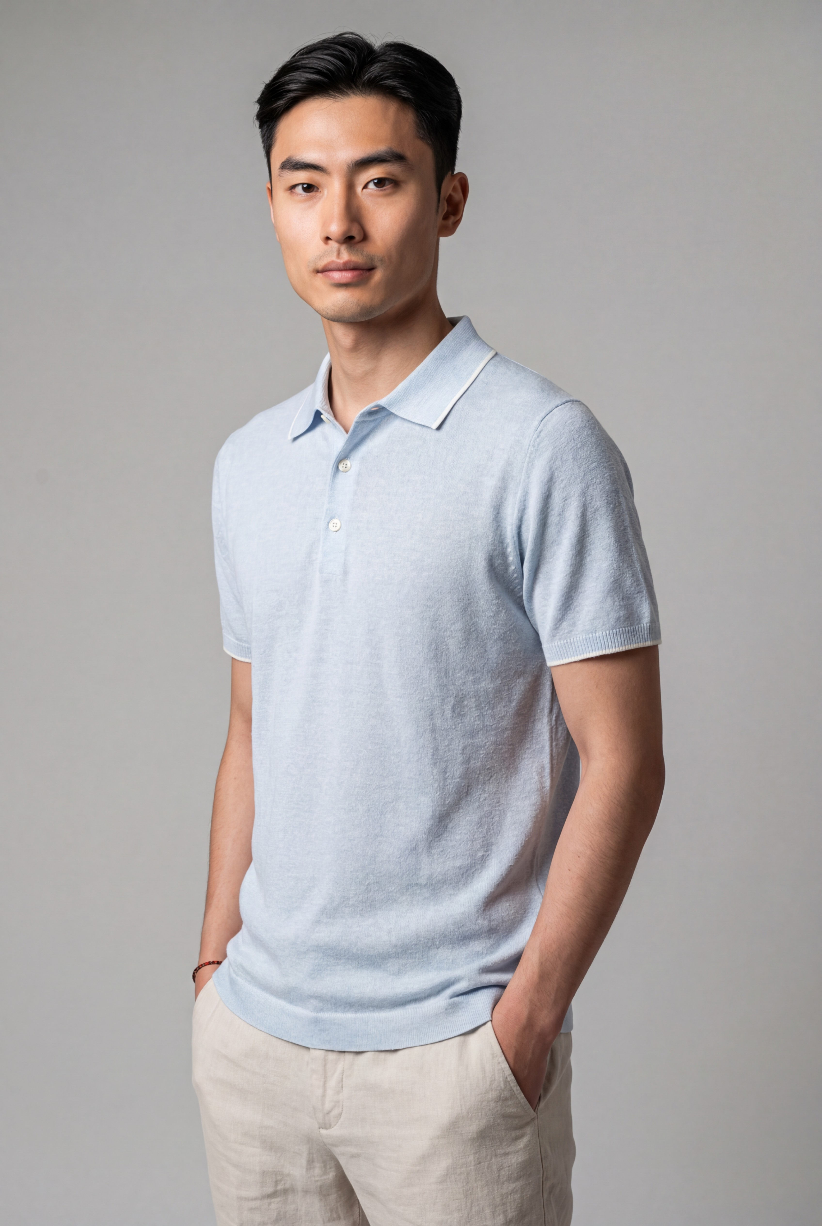 Short Sleeve Polo Shirt Celeste 68% Linen 32% Cotton