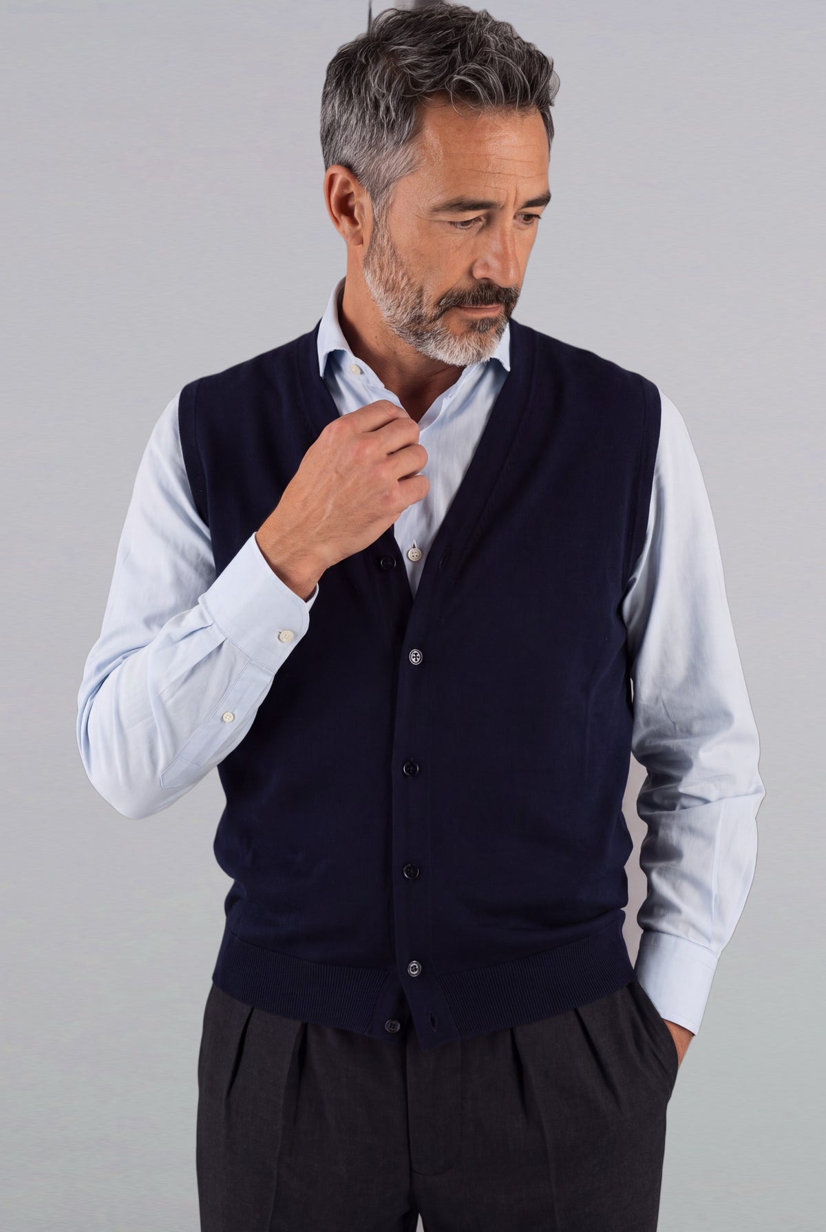 Gilet Bottoni Cashmere Lana e Seta Blu Notte