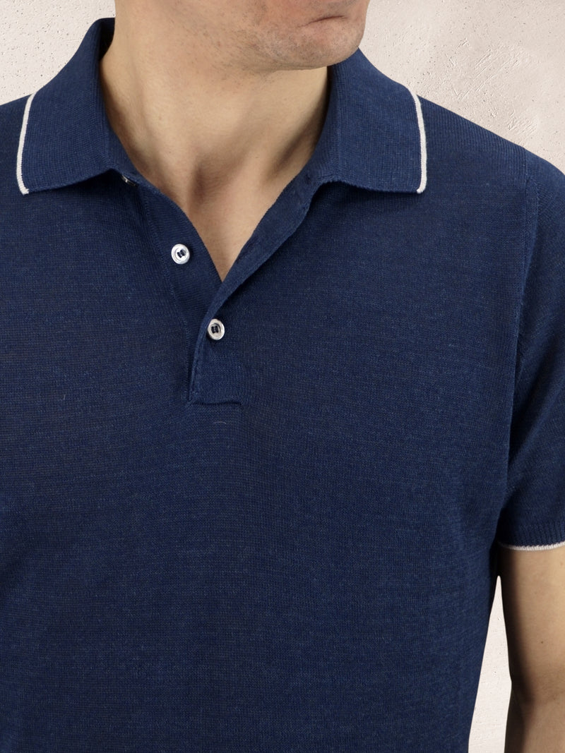 Short Sleeve Polo Shirt Blu 68% Linen 32% Cotton