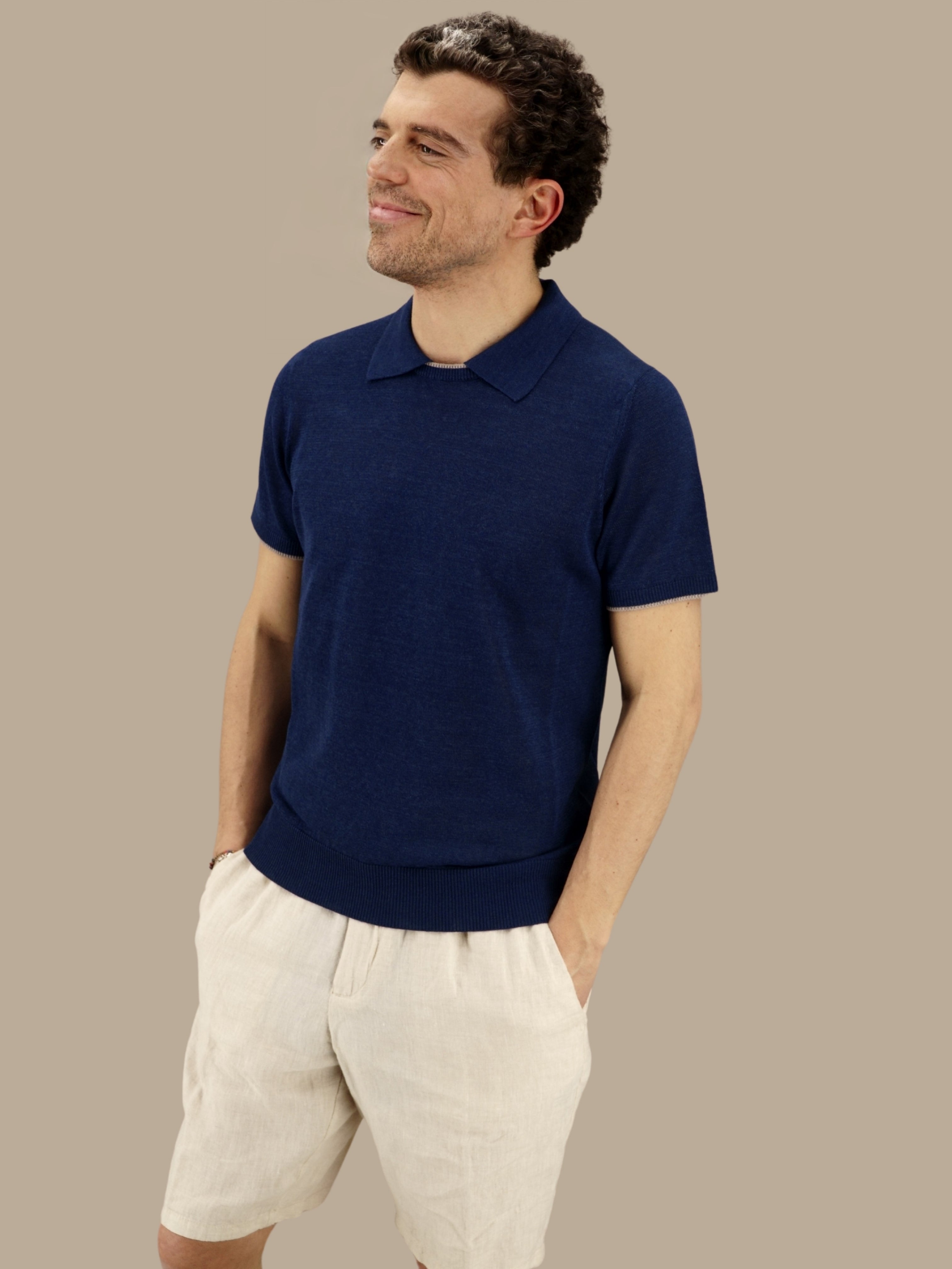 Short Sleeve Tee-Polo Blu 68% Linen 32% Cotton