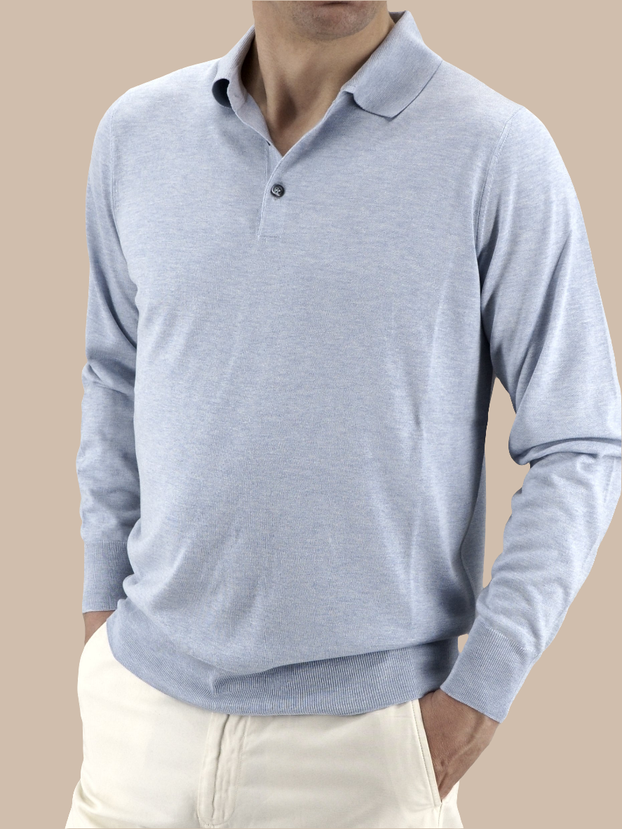 Polo in Maglia Maniche Lunghe Azzurro Cenere 100% Seta