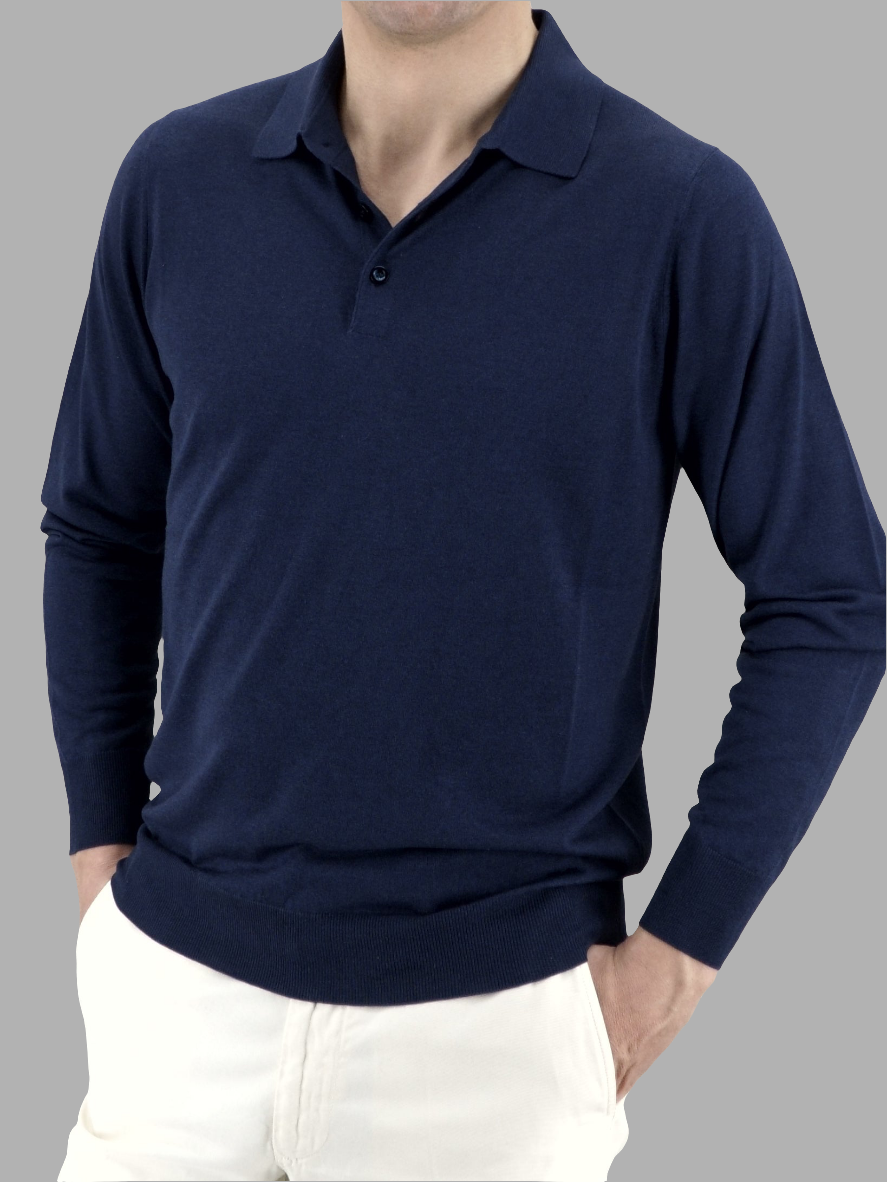 Knitted Polo Long Sleeves Midnight Blue 100% Silk